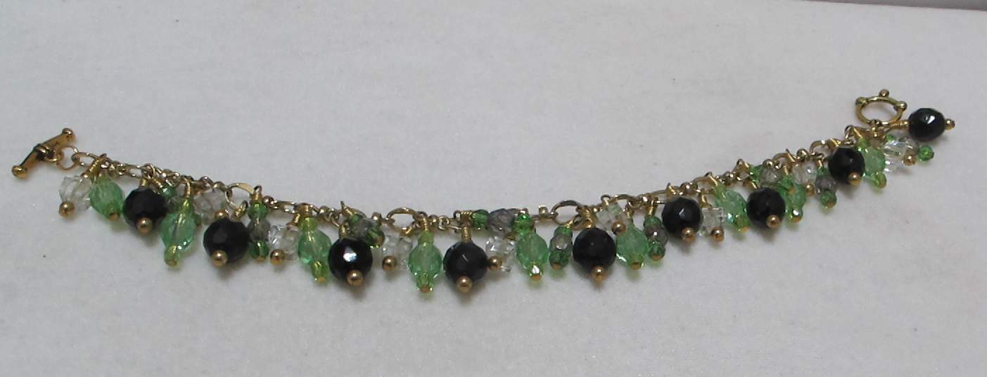 Artisan 9” Gold Tone Charm Bracelet Lt Green, Black, Clear Dangling Crystals