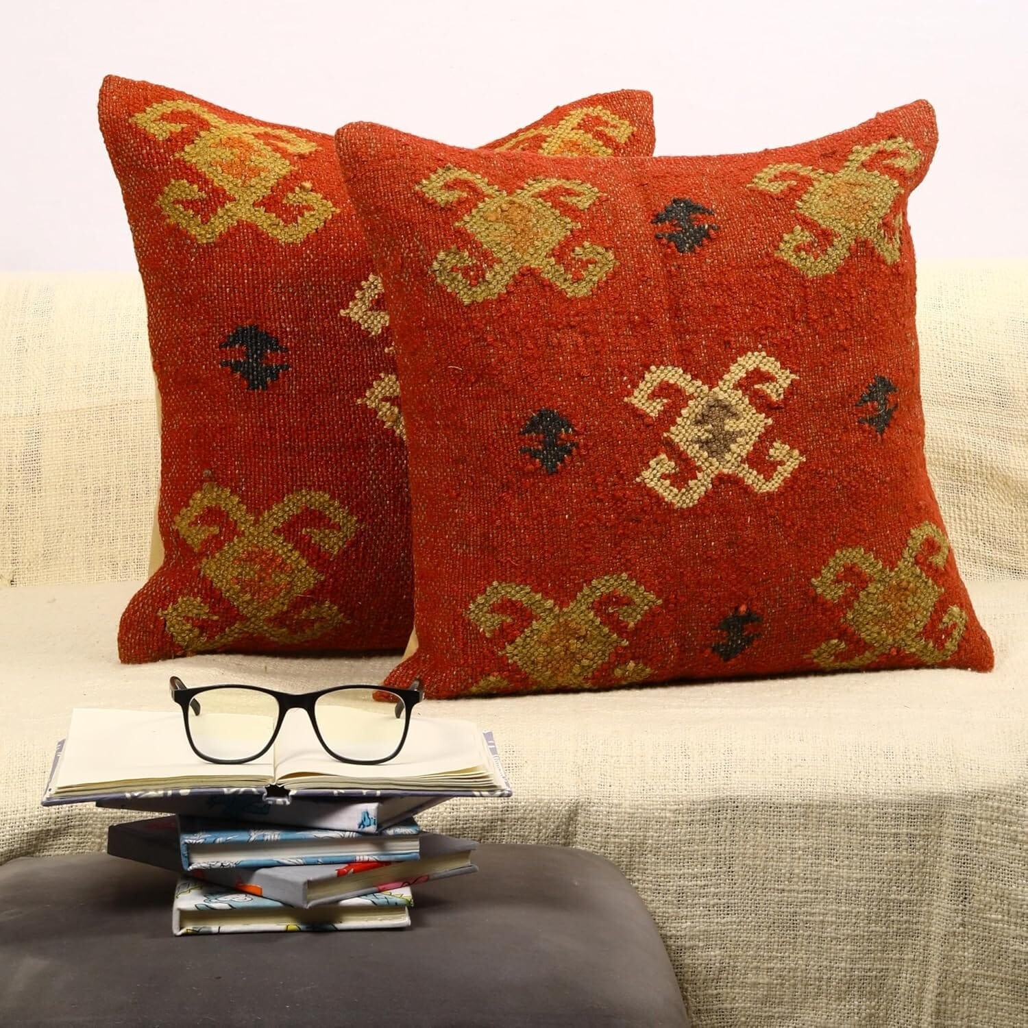 Indian Handmade Pack of 2 Wool Jute Pillow Cover Handwoven 18 x 18 Kilim Pillow