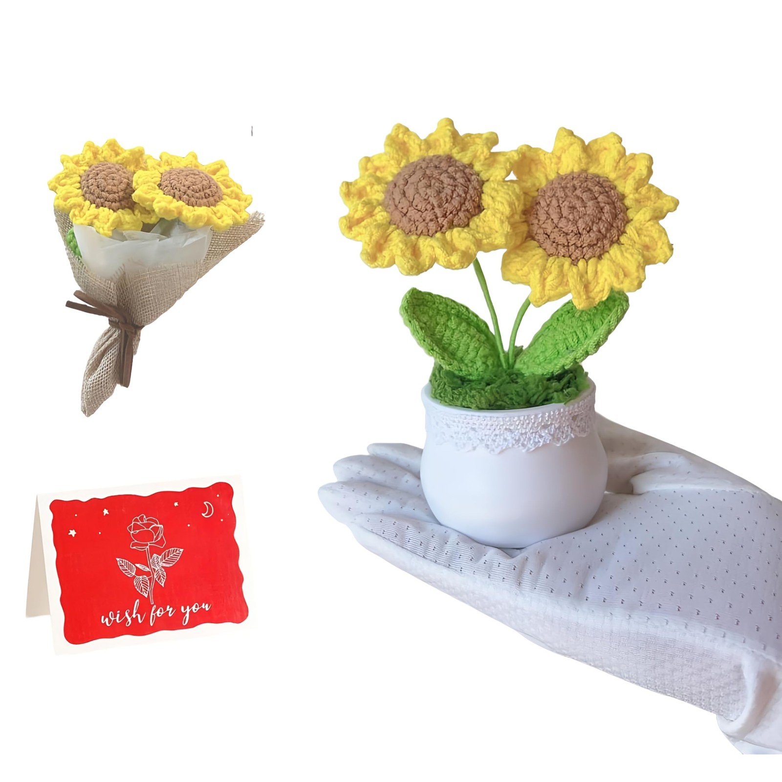 Sunflower Crochet -Small Crochet Bouquet Gifts with Pot and Black Gift Card f...