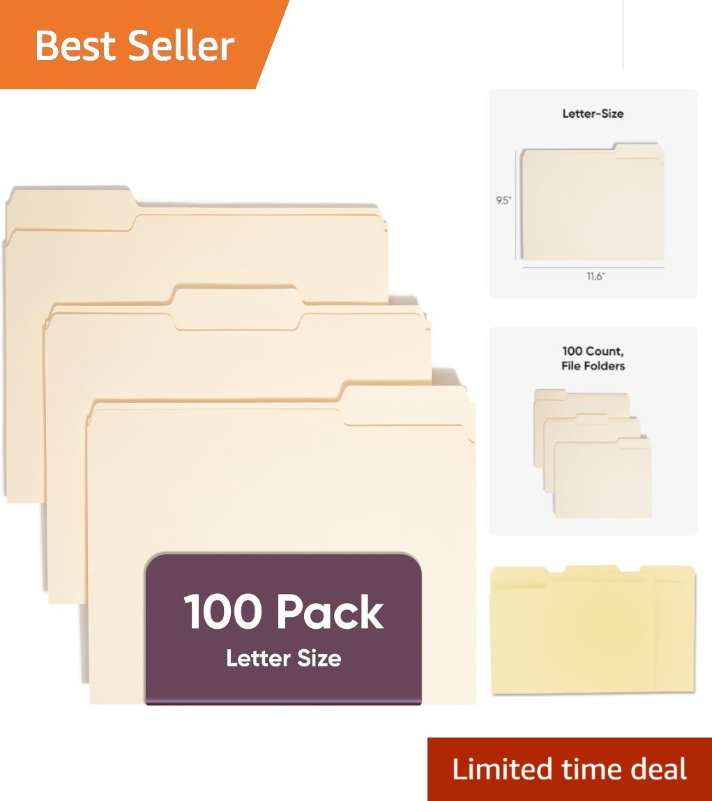 Versatile Letter-Size Manila Folders, 1/3-Cut Tabs, Expandable, 100 Pack