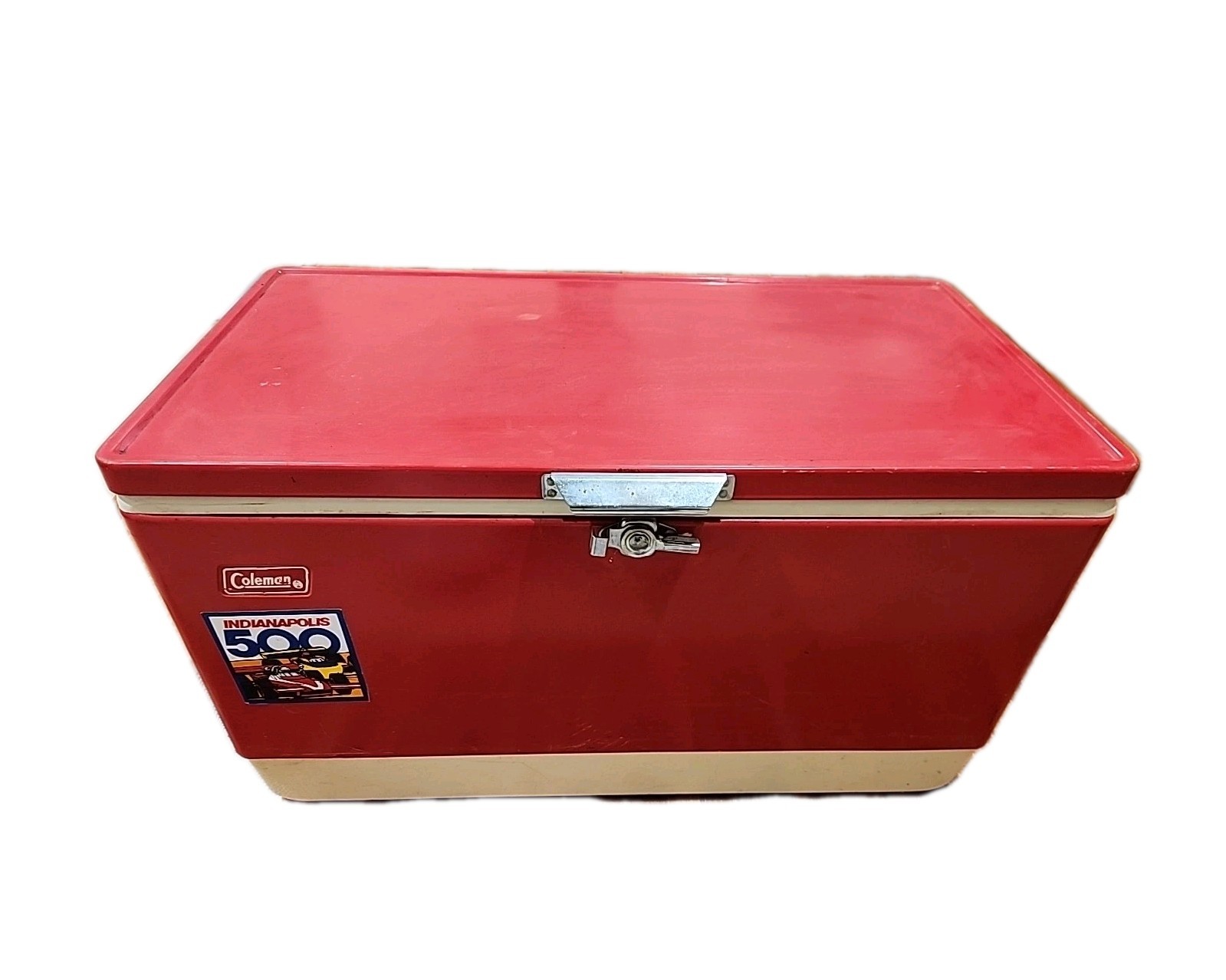 Vintage 80s Red Coleman Metal Cooler 28x16x15 inch with Locking Lid Made in USA