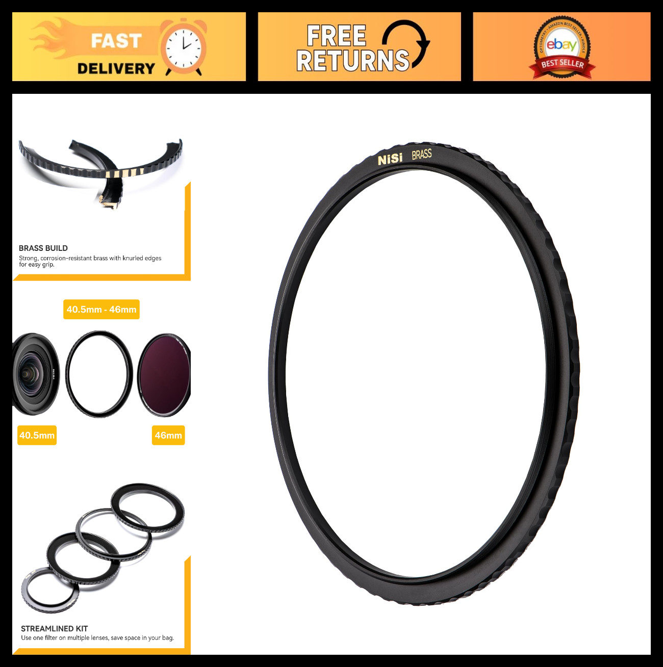 40.5mm to 46mm Step-Up Ring - Brass Adapter for Lens & Filter, Matte Black Finis