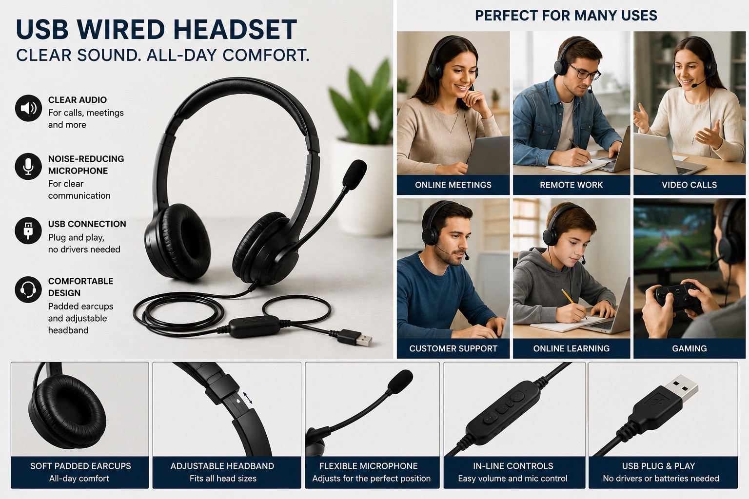 Logitech USB Wired Headband Headset Double Ear-Cup Boom Mic Black
