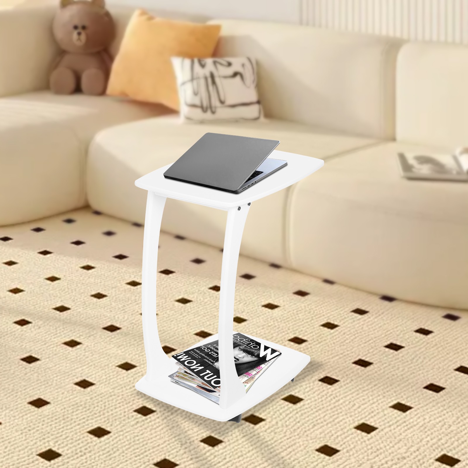 C-Shaped Side Table with Wheels Mobile End Table with Wood Frame Nightstand