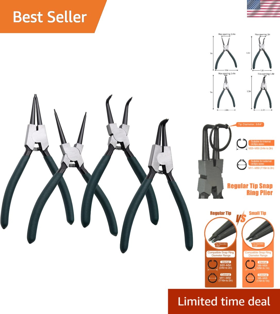 4-Piece 7-Inch Snap Ring Pliers Set - Ergonomic Tool for Safe Handling