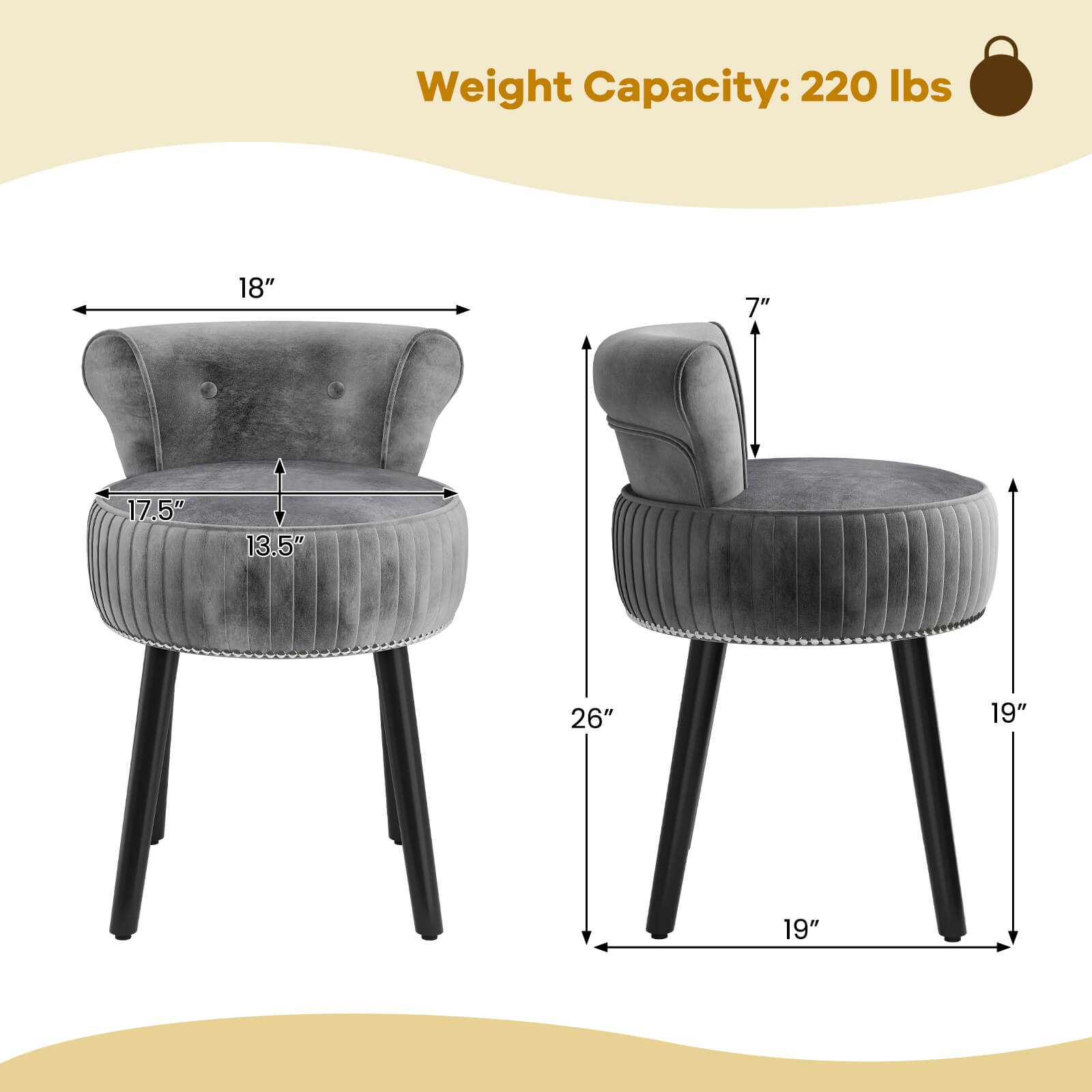 Velvet Vanity Chair with Back Tufted Low Back and Solid Wood Legs for Bedroom