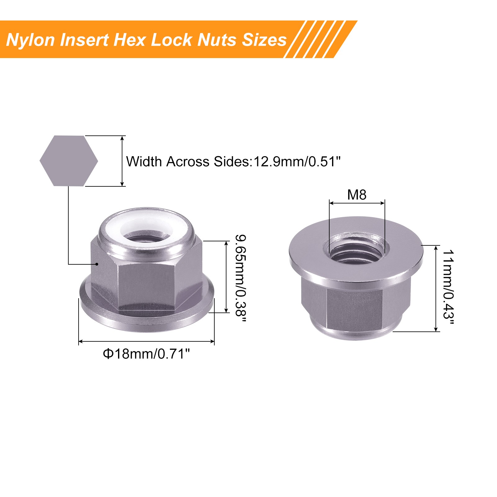 Nylon Insert Hex Lock Nuts, 8pcs - M8x1.25mm Self-Locking Nut(Titanium Gray)