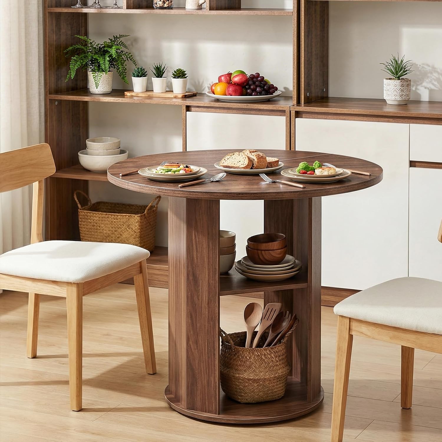 43.3" Round Dining Table W/ Storage Shelf 4 Circle Kitchen Dinner Table W/ Thick