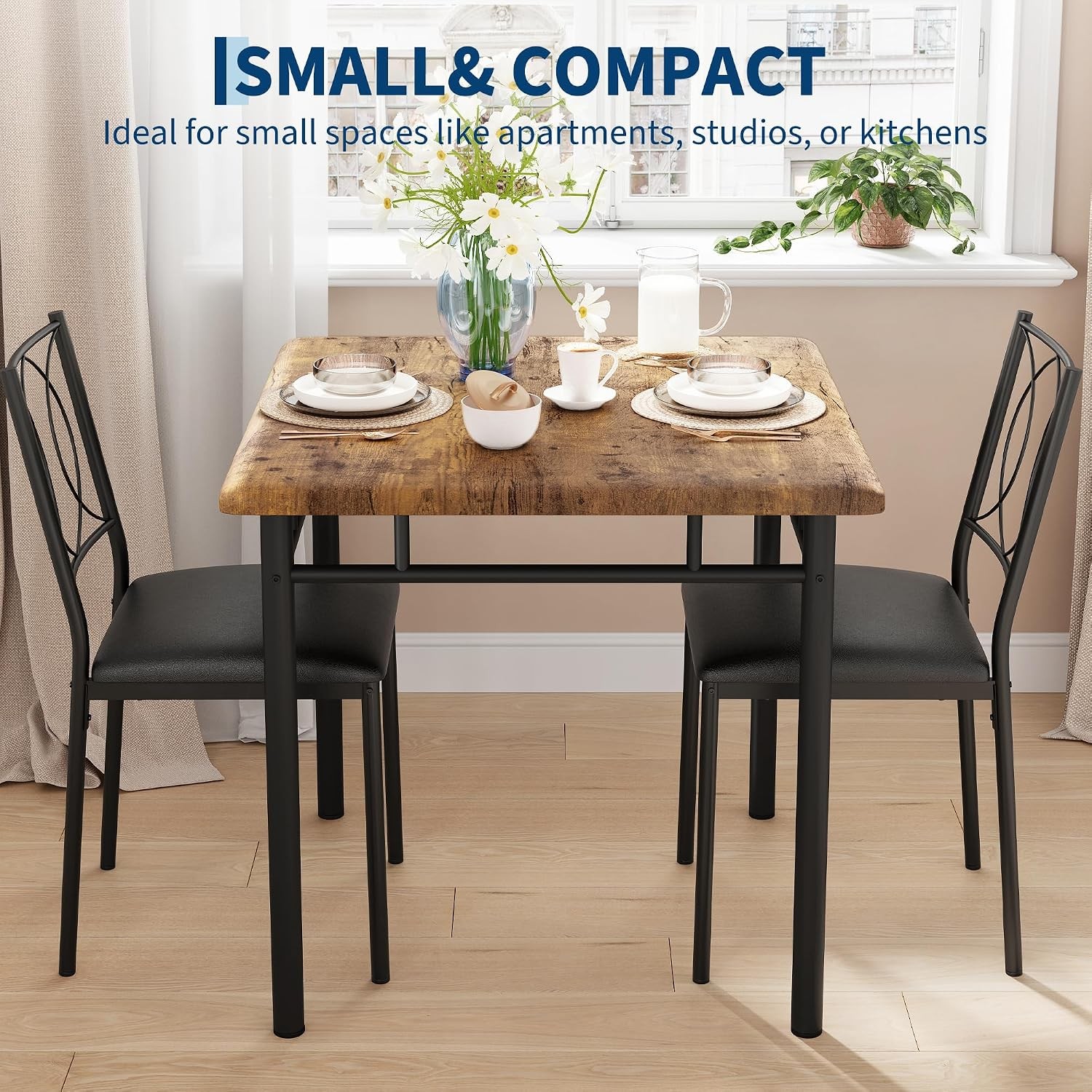 Space-Saving Dining Table Set for 2 – 3-Piece Farmhouse Wooden Table &