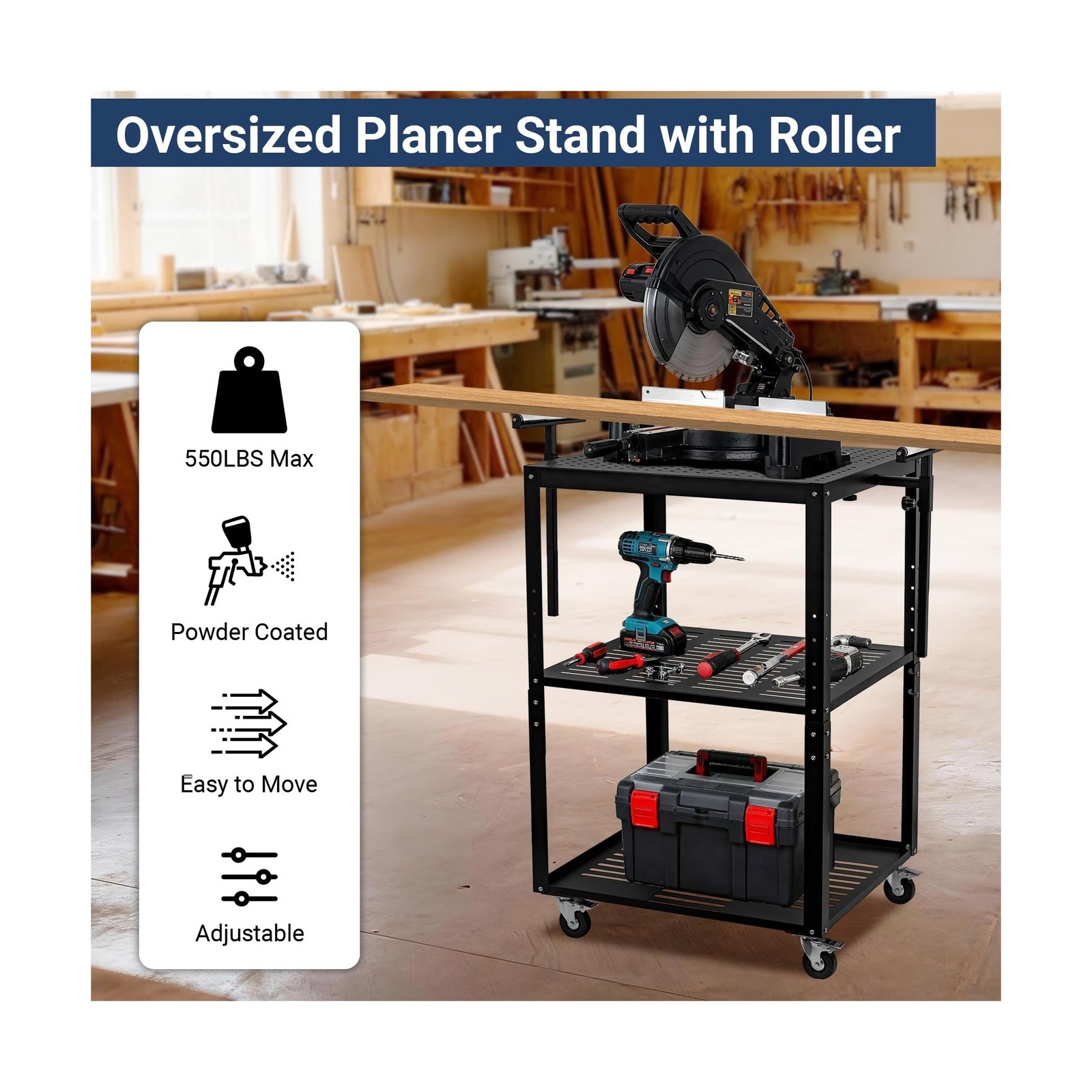 Planer Stand with Roller, 27.6" x 24" Tabletop, 31"- 44.7" Height Adjustable,...