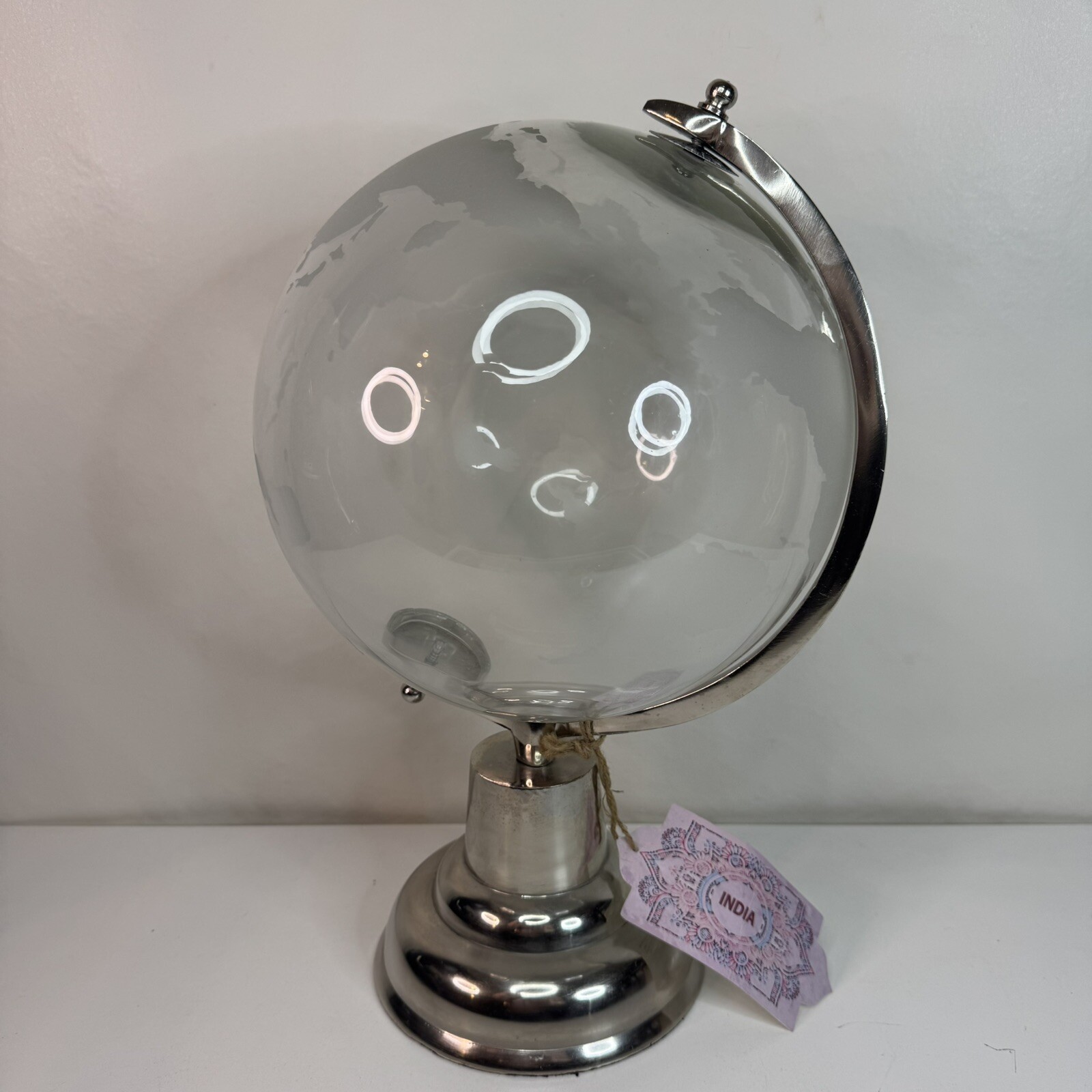 Large Clear Glass Globe Frosted Etched Style World Map Made In India 15.5”