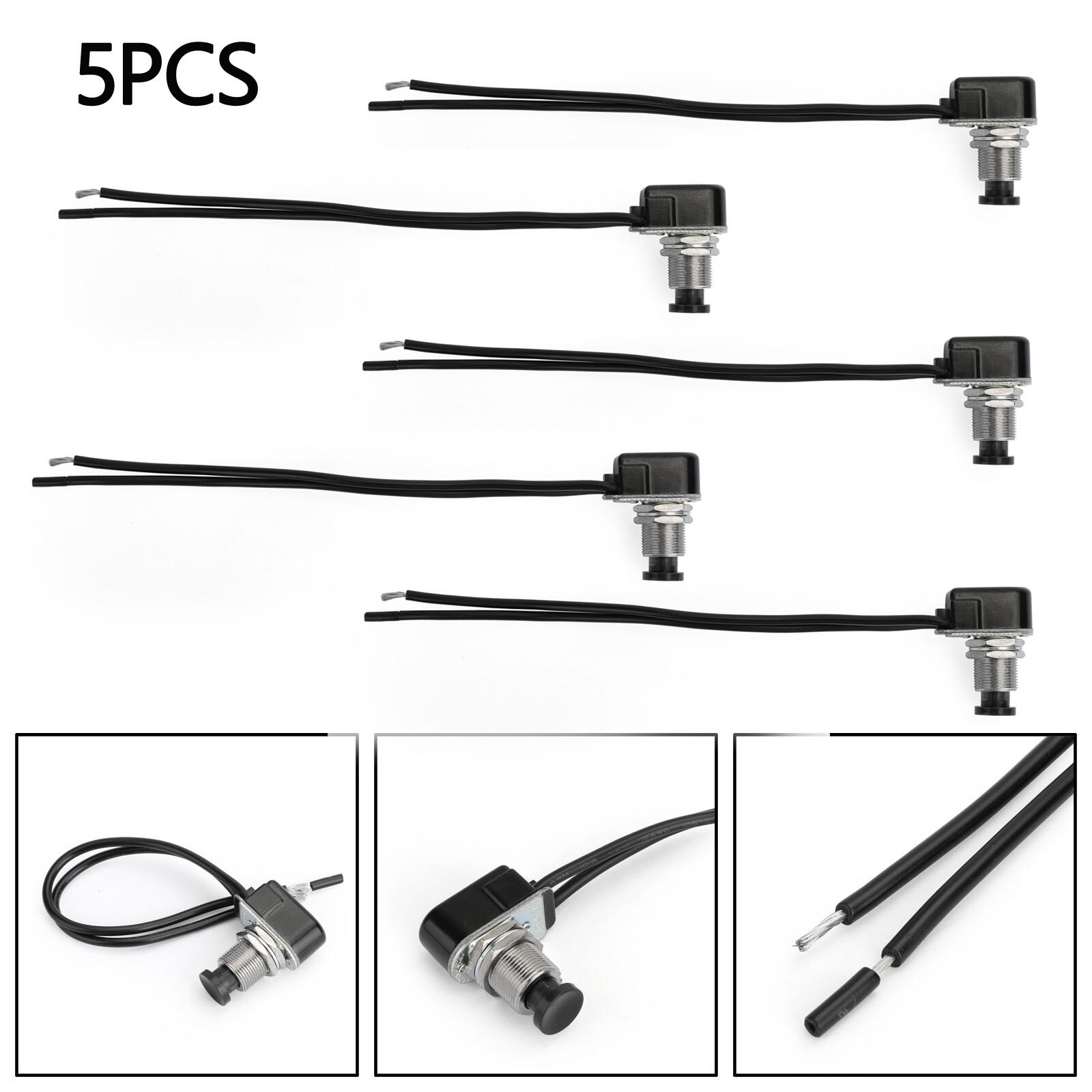 5pc Normally Open Momentary Self-resetting Push Button Reset Switch w/Wire Black