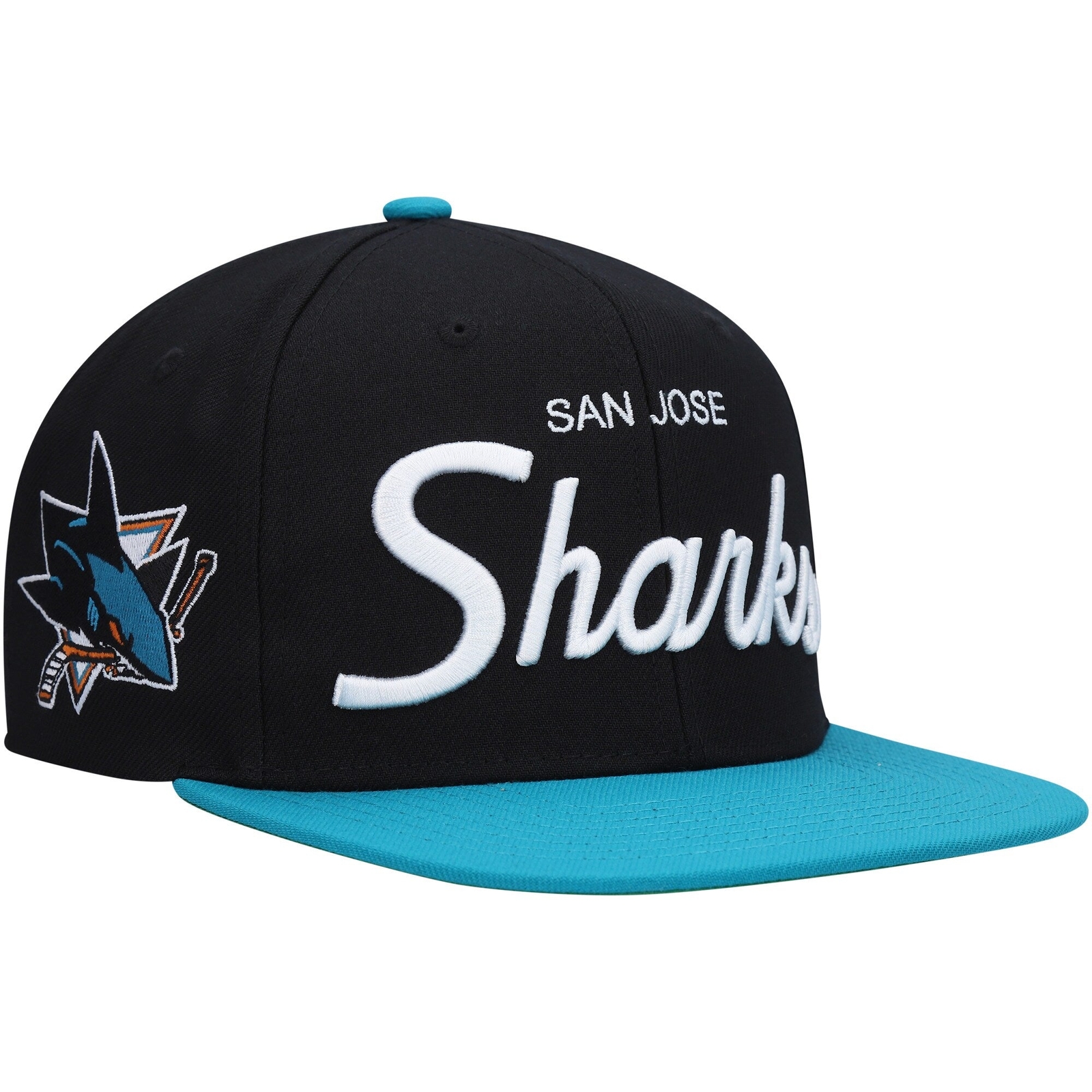 MENS MITCHELL & NESS NHL VINTAGE SCRIPT SNAPBACK SHARKS - BLACK