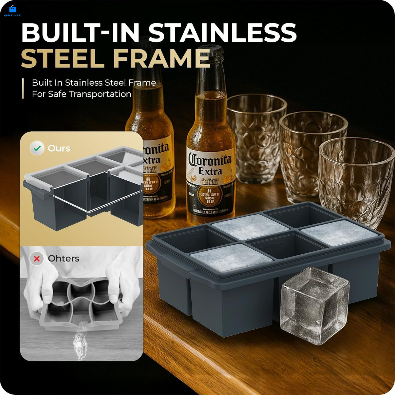 Large Ice Cube Trays for Whiskey, Silicone size ice cube tray, Gray