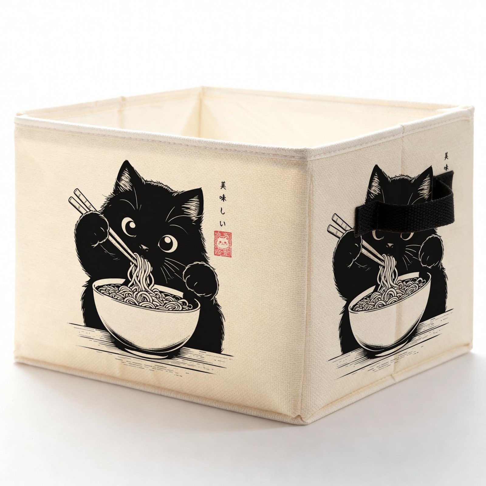 Japanese Black Cat Storage Bins with Handles, Whimsical Black Cat Eating Rame...