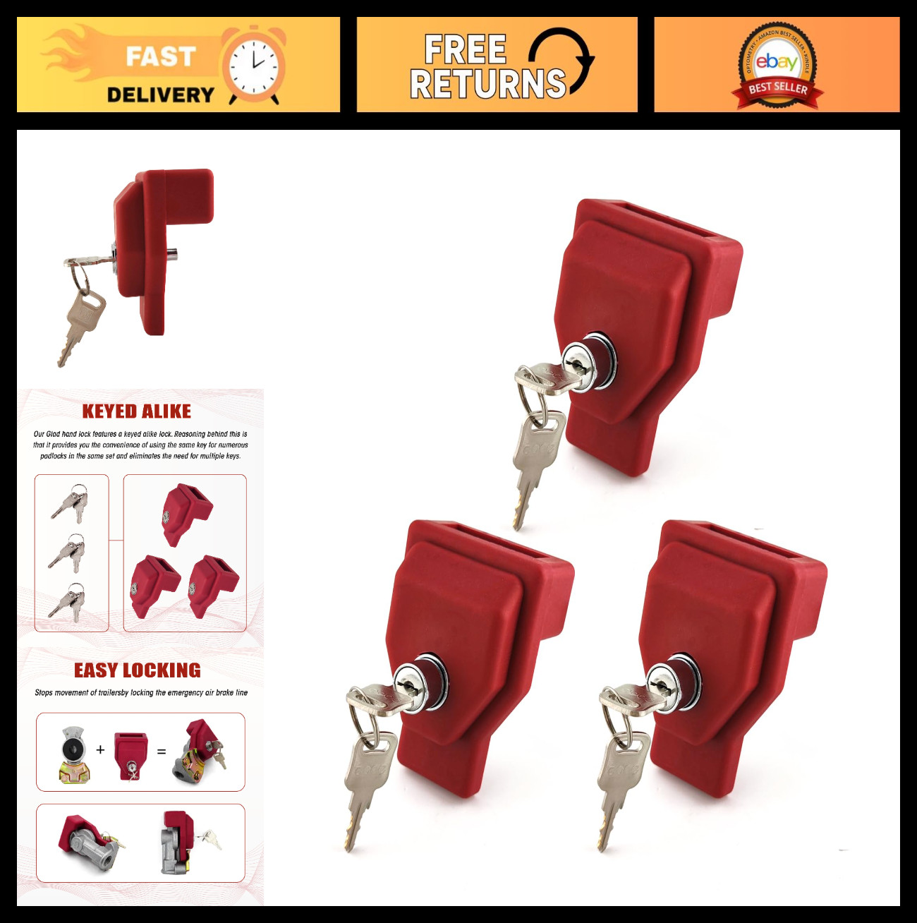Keyed Alike Plastic Glad Hand Lock - 3 Pack Heavy-Duty Trailer Security Locks