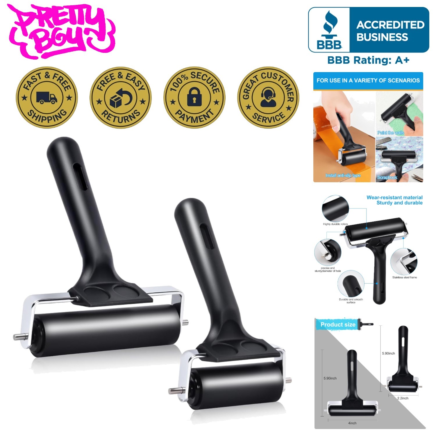 2  Pcs Hard Rubber Brayer Rollers 4 Inch and 2.2 Inch For Printmaking Printing