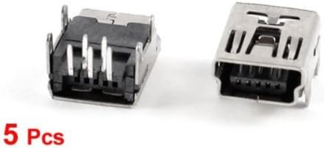 5-Pin Right Angle Mini USB Type B Female DIP Jack Socket Connector, 5 Pcs