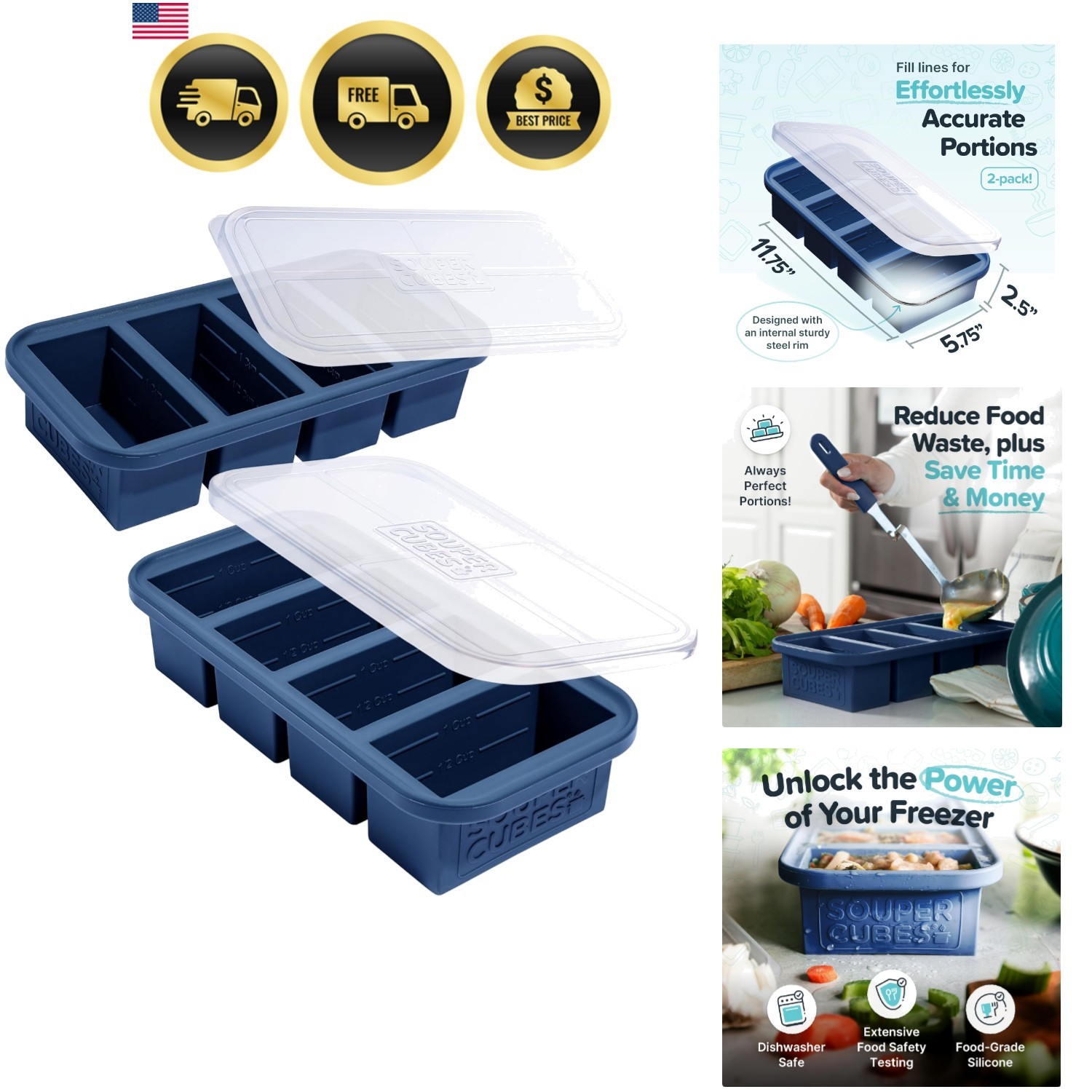 1 Cup Silicone Molds for Food with Lids, Blueberry, 2-Pack | 100% Platinum-Cu...
