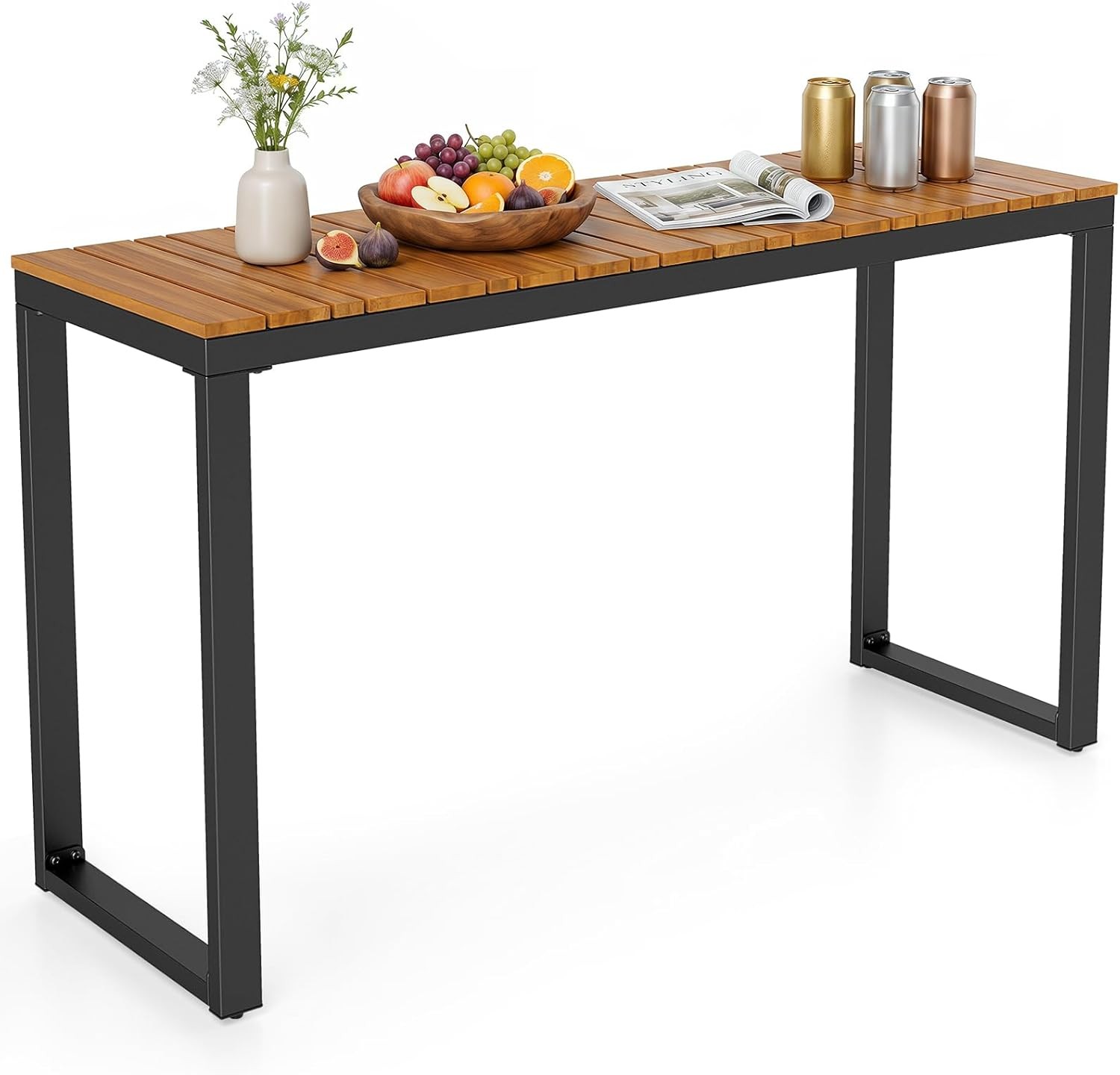 Outdoor Console Table, Narrow Patio Dining Table with Acacia Wood  & Metal
