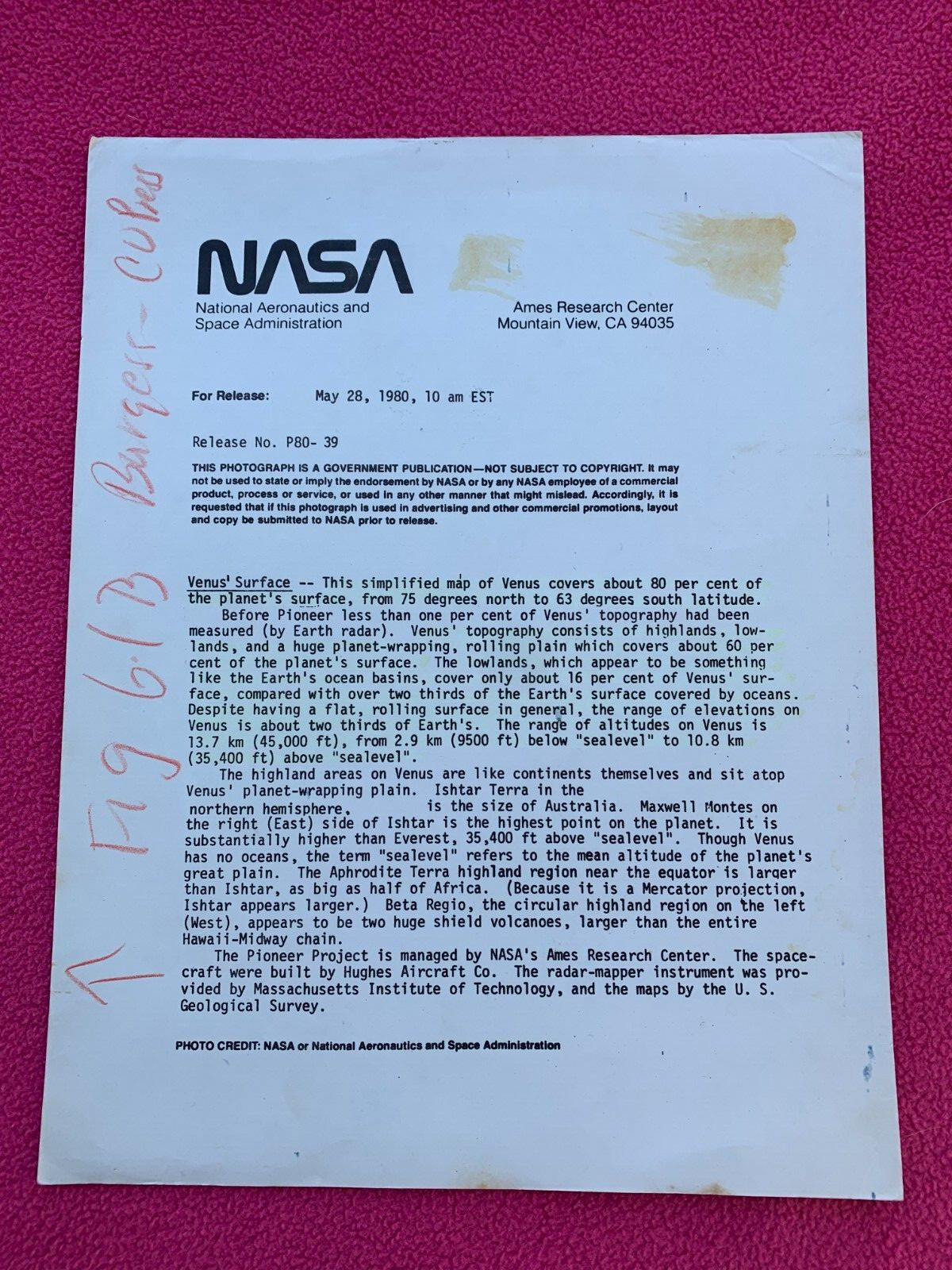 NASA paper sheet SPACECRAFT space VENUS' SURFACE map GREENLAND EFFECT aphrodite