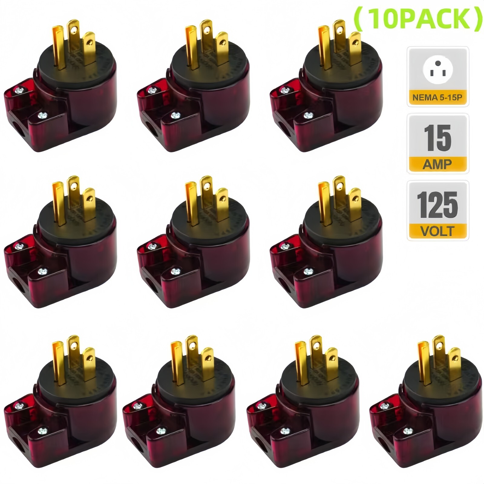 (10Pack) USA Nema 5-15P DIY 3-Prong Household Right Angle AC Plug, ETL Verified