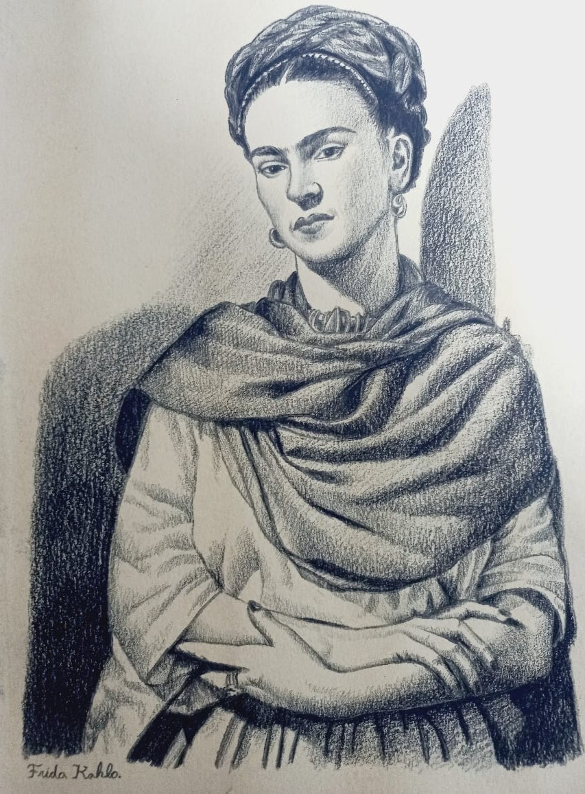 Frida Kahlo (Handmade) Paper Drawing Signed and Stamped