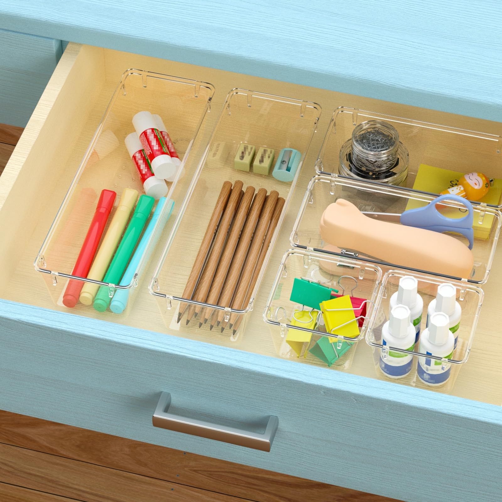 WOWBOX 6 Pack Clear Drawer Organizer Set, Acrylic Drawer Storage Trays, Stora...
