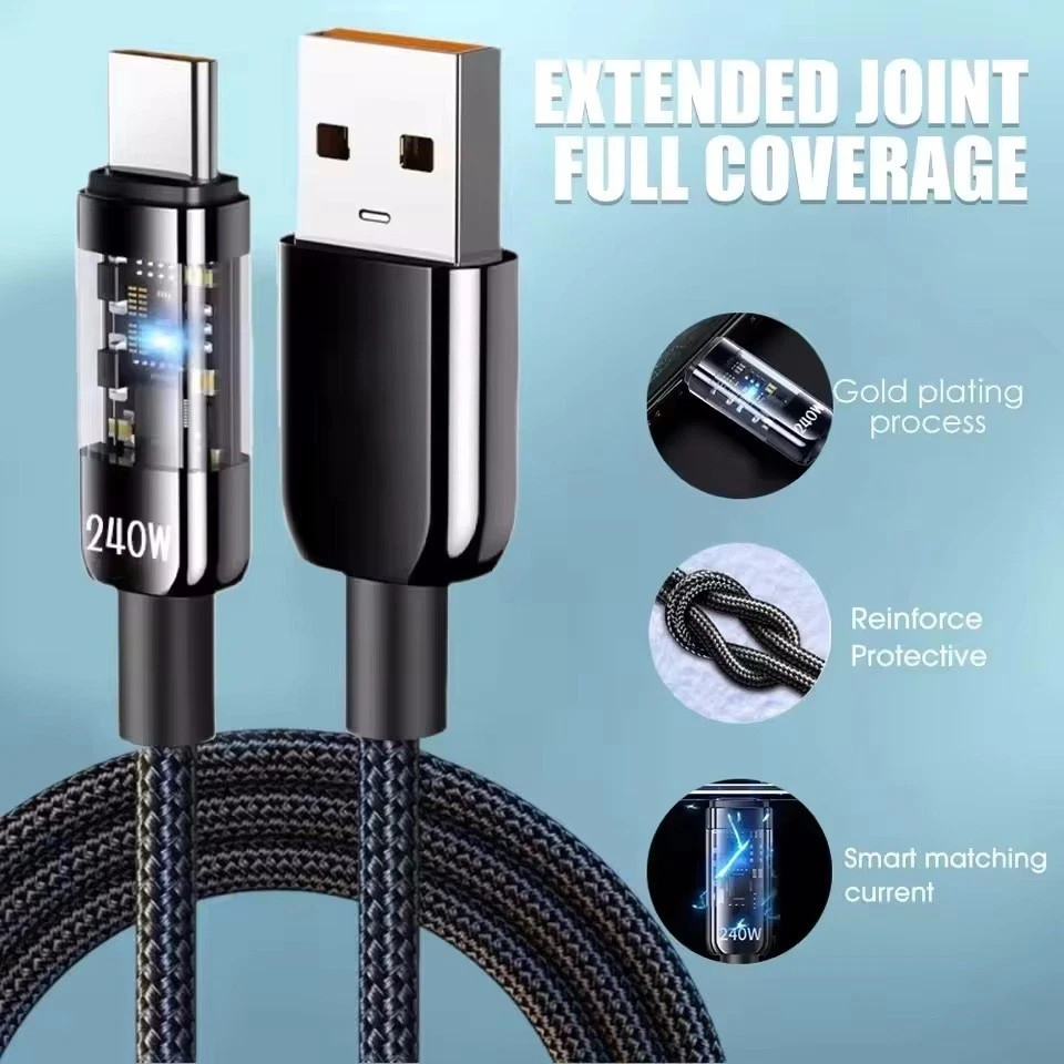 240W USB-C Fast Charging Cable LED Display Nylon Braid Type-C Data Charger Cord