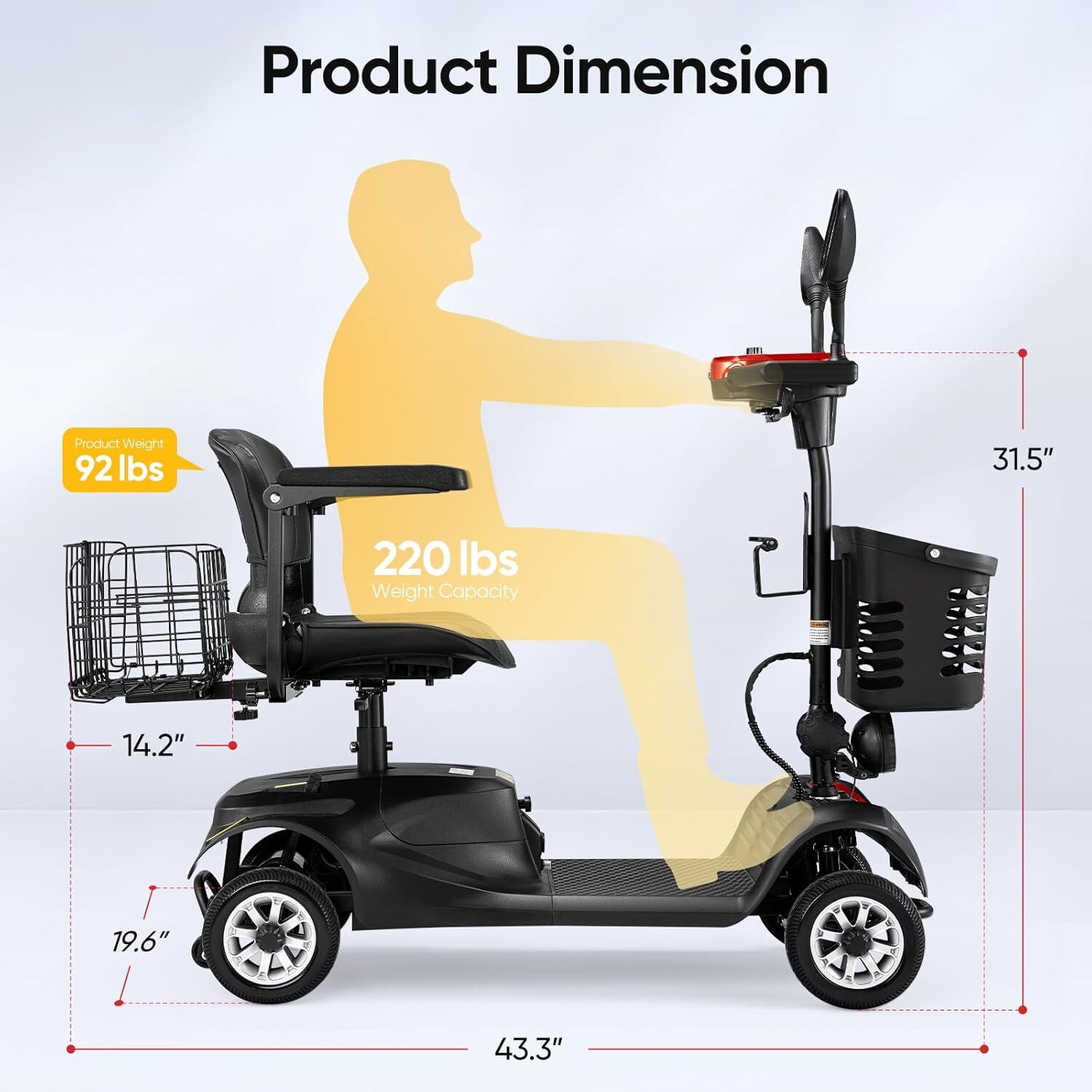 Pro 4 Wheels Mobility Scooter 12.4miles All Terrain LED Headlights Two Baskets