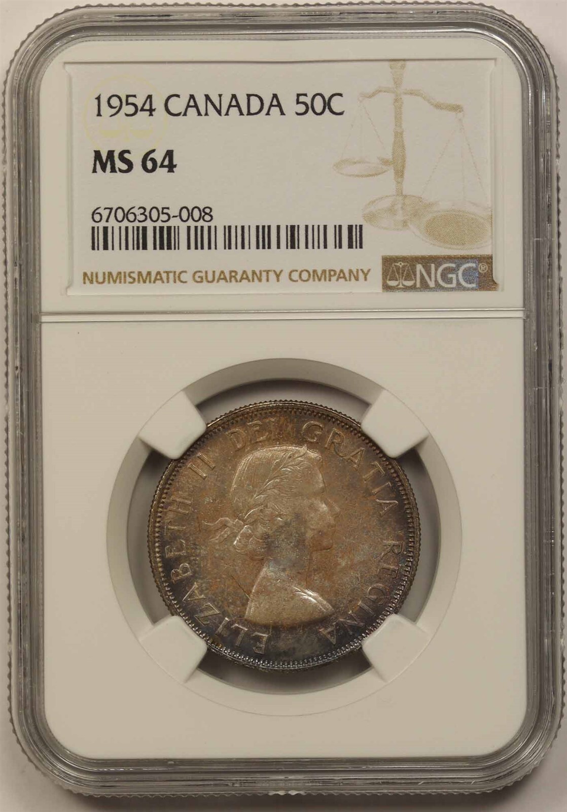 1954 Canada 50C NGC MS 64 (Toned) Silver Half Dollar