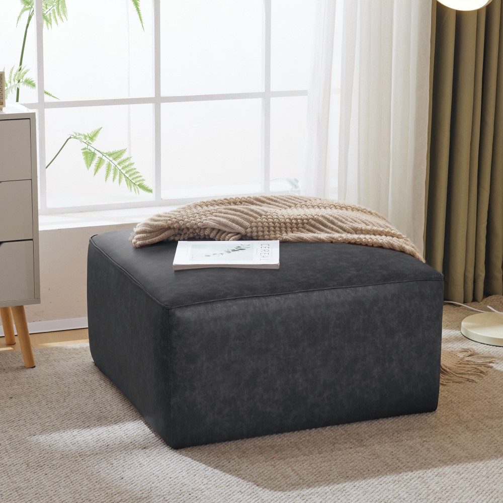 Upholstered Square PU Leather Ottoman,Black