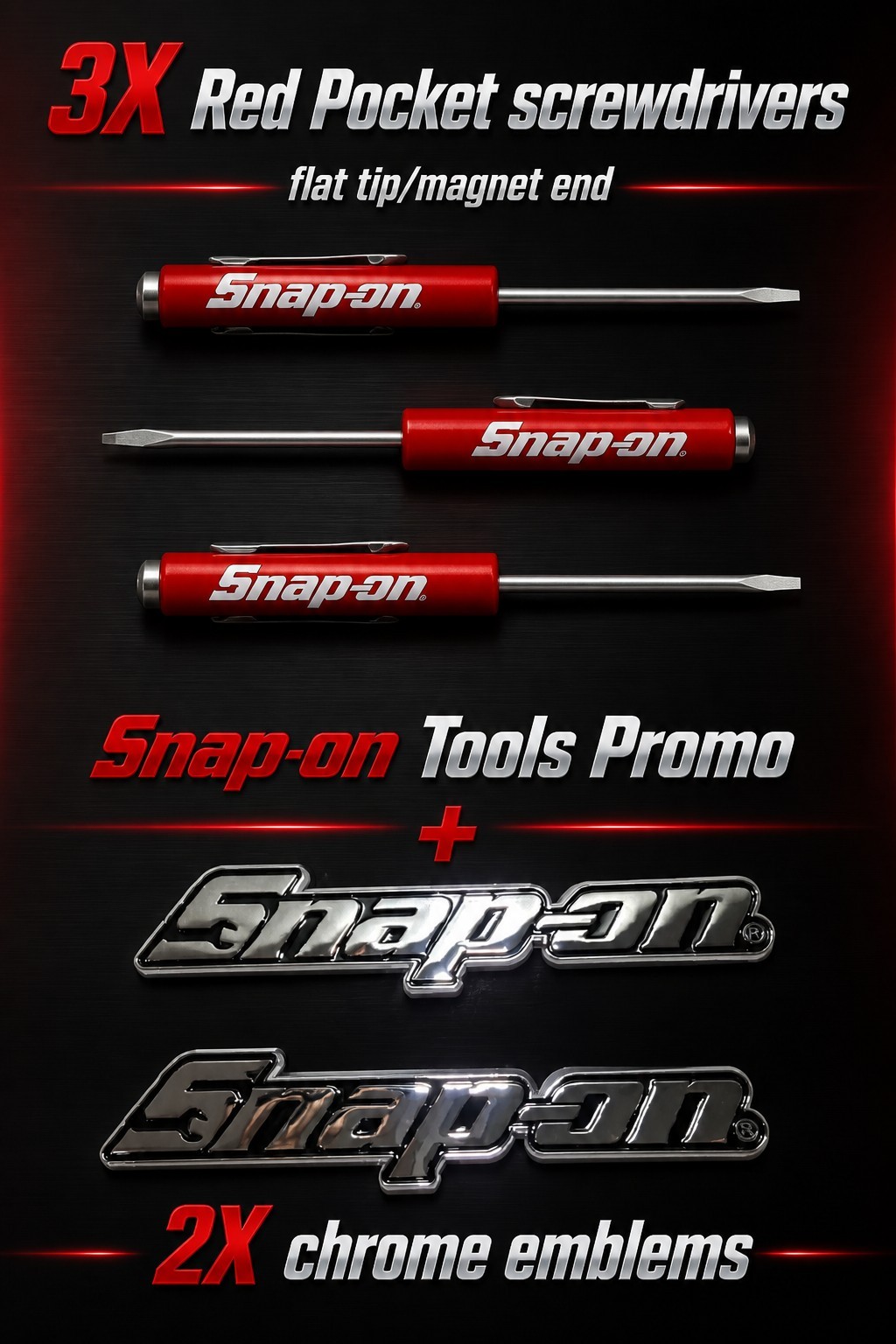 2PK SNAP ON TOOL BOX LOGO EMBLEM Chrome Plastic Badge Decal 8"+ 3 Red Drivers !!
