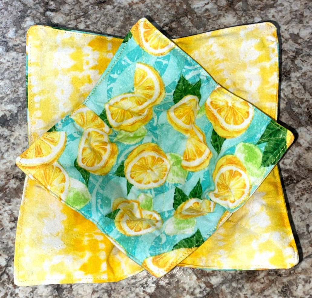 Spring Time! Lemon Fabric Bowl Cozy, Reversible Washable Set Of 2