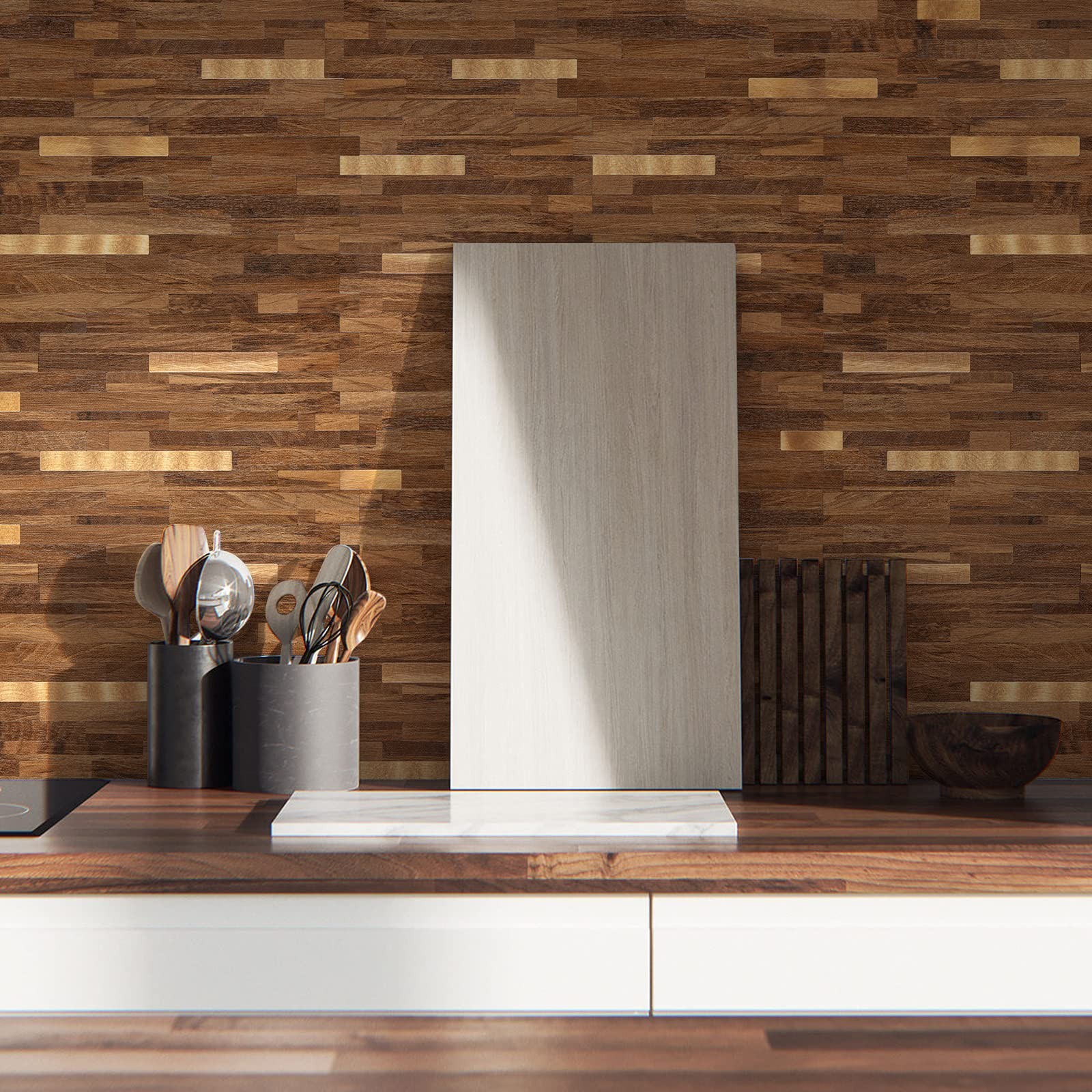 Midcard 10 Sheets Peel and Stick Backsplash PVC 10, Rectangular Dark Brown