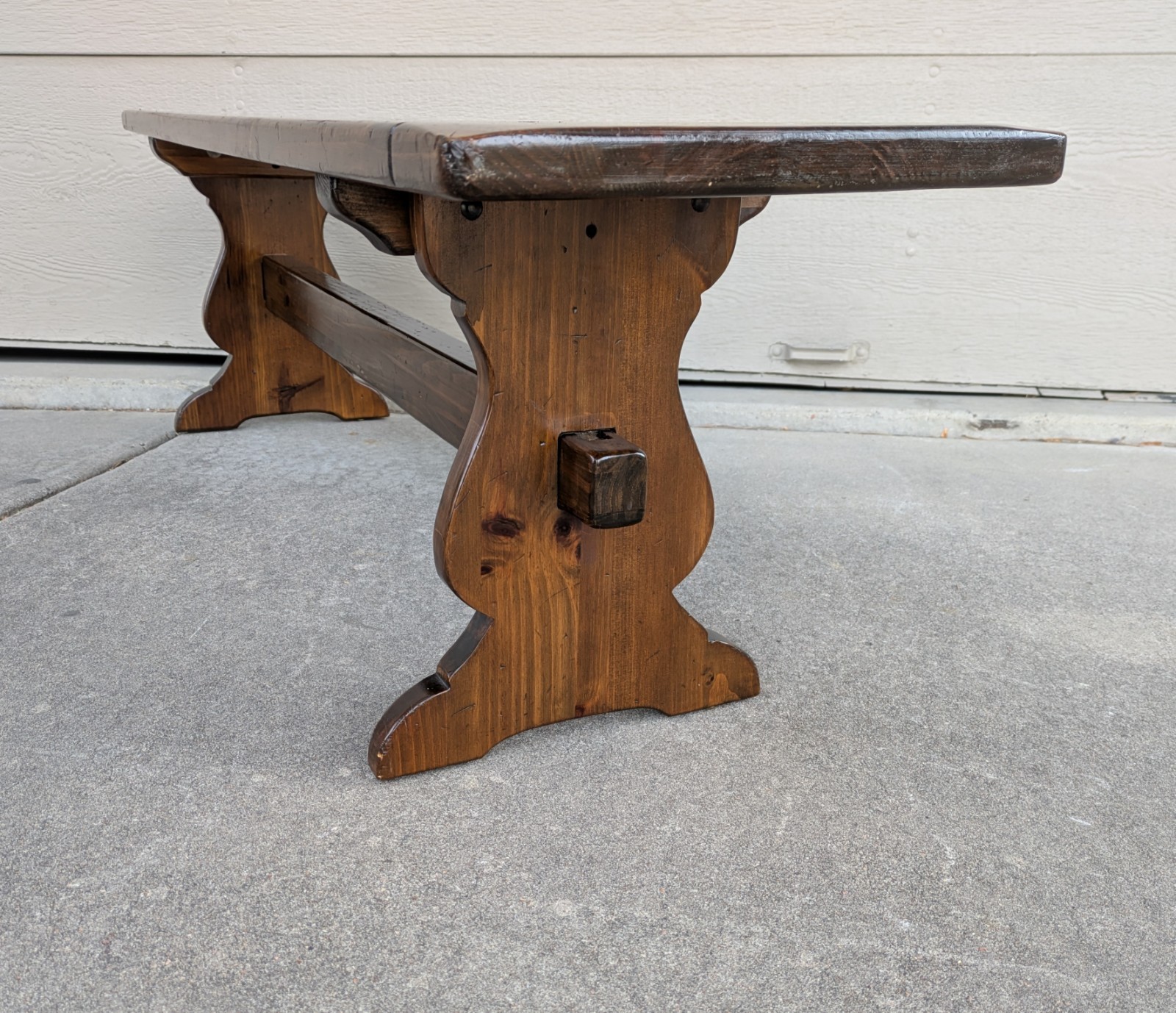 Vintage Ethan Allen Old Tavern Rustic Antiqued Pine Wood Trestle Bench