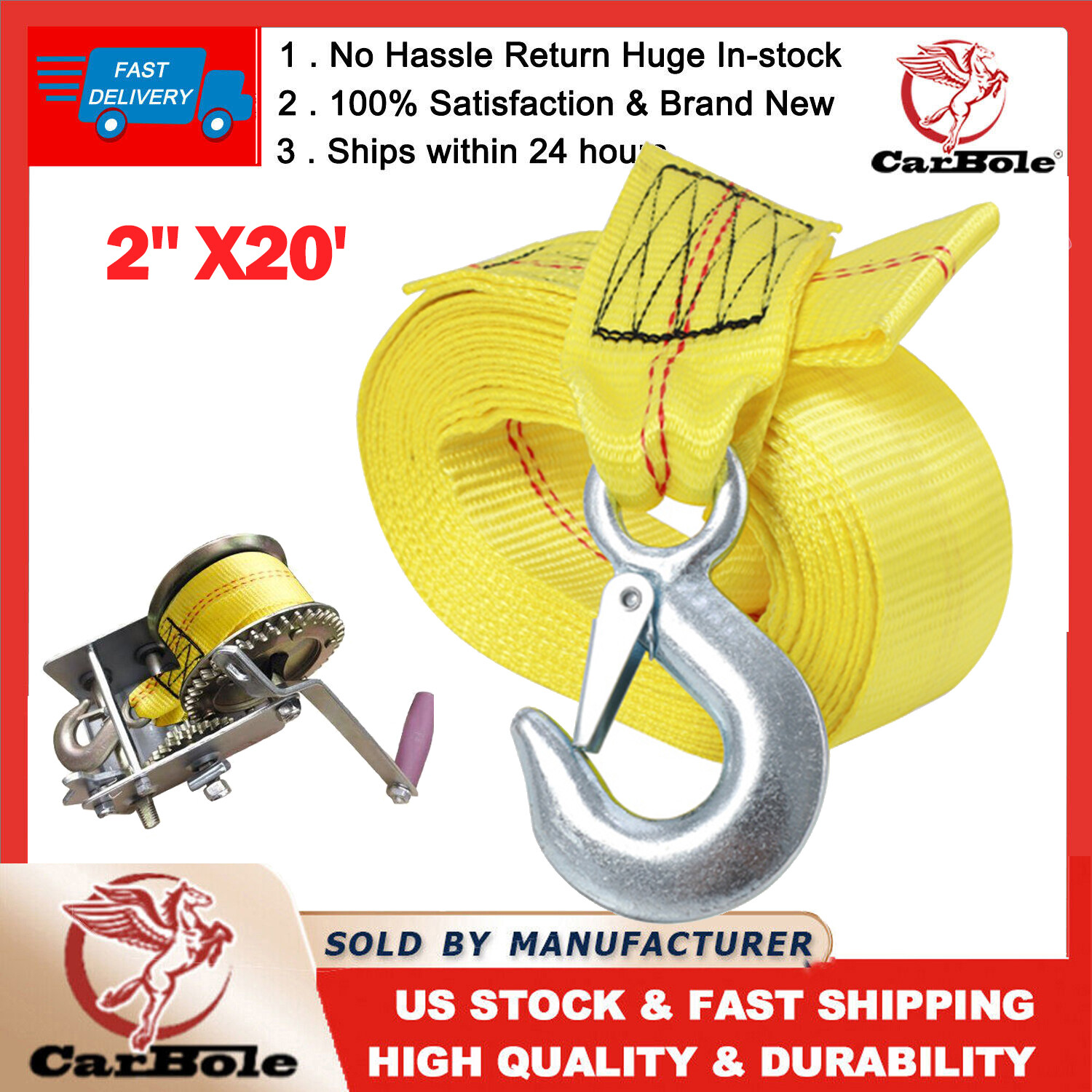 HEAVY DUTY BOAT TRAILER REPLACEMENT WINCH STRAP 10000LB 2"x20' WITH SNAP HOOK