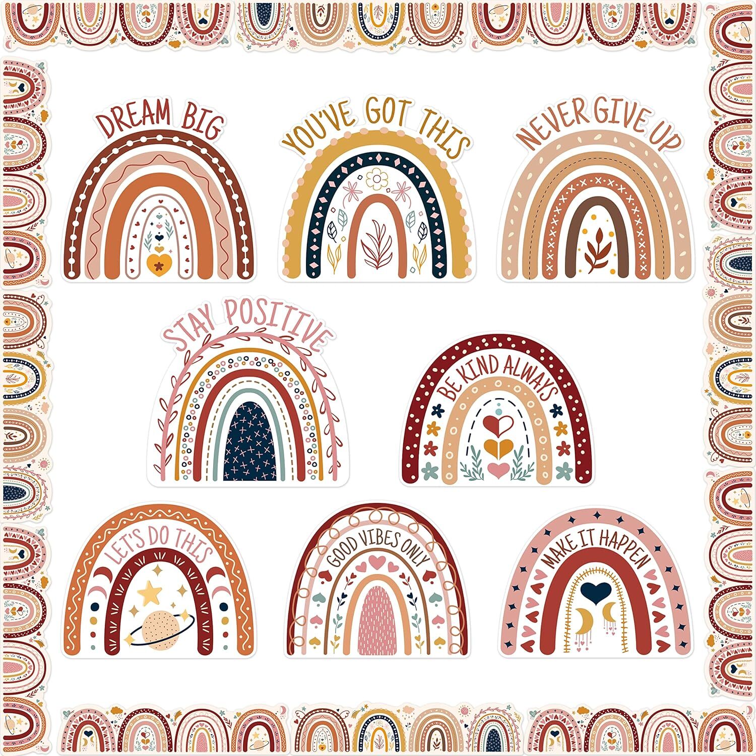 BeYumi 62Pcs Back to School Boho Rainbow Positive Sayings Cutouts...