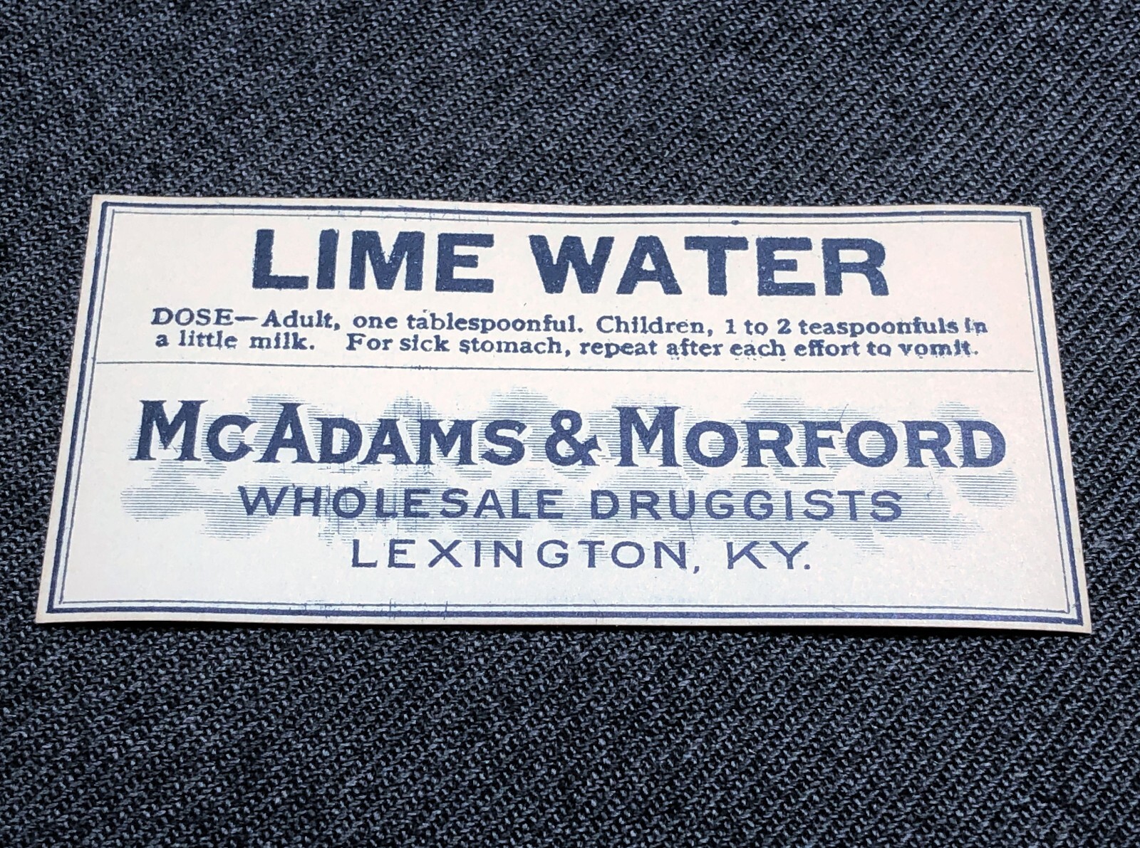 Vintage Unused Lime Water Bottle Label McAdams Apothecary Medicine Pharmacy