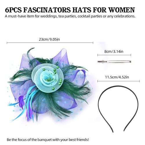 6Pcs Multicolor Tea Party Hats for Women, Fascinators with Headband and Clip,