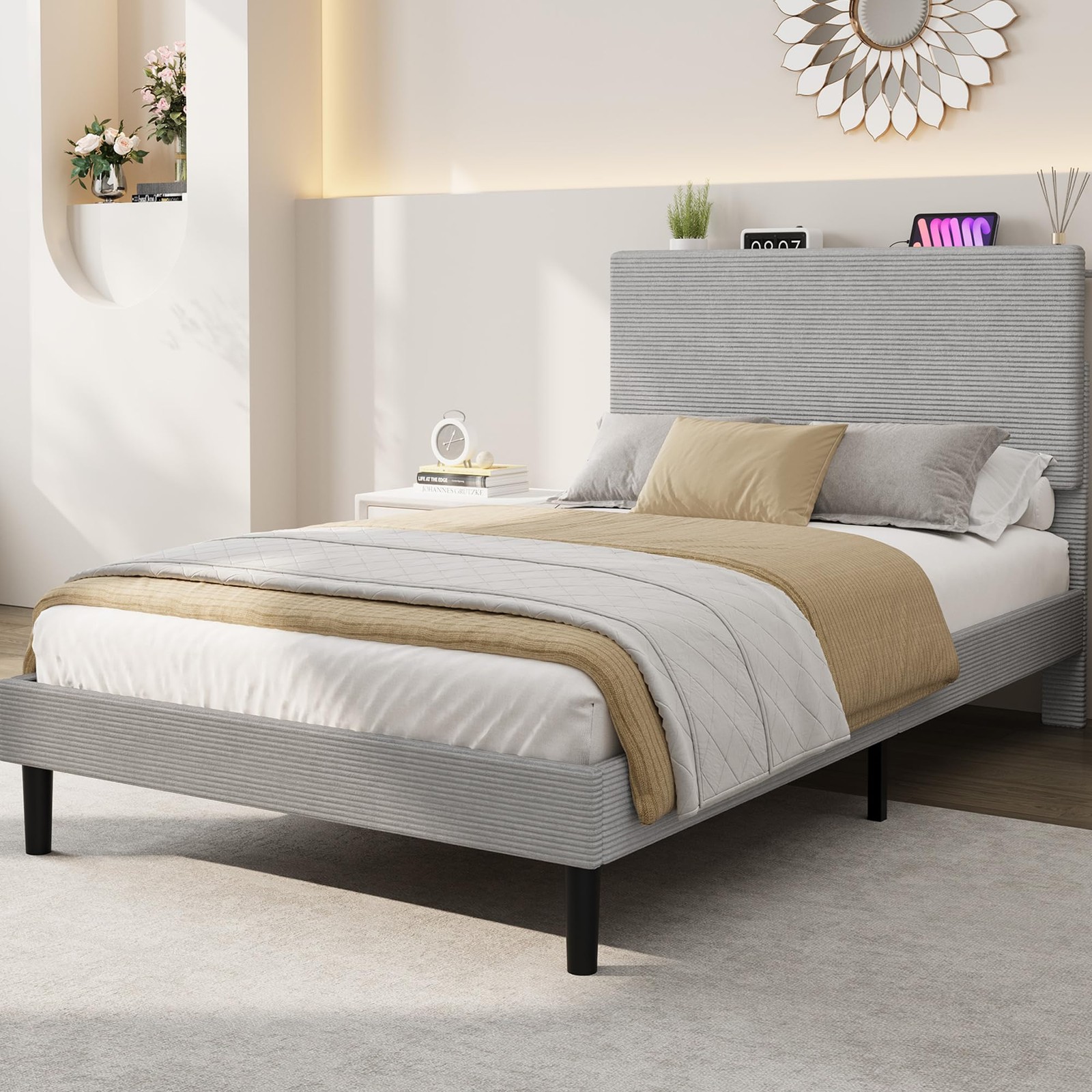 Twin Size Bed Frame, Platform Bed with Adjustable Corduroy Upholstered Storag...