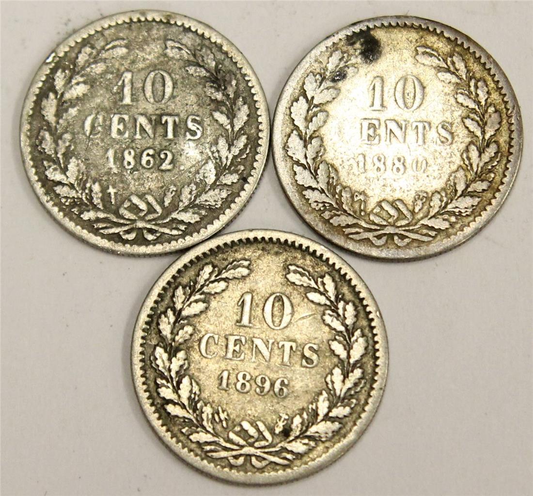 1862 1880 and 1896 Netherlands 10 cents silver coins 3-coins
