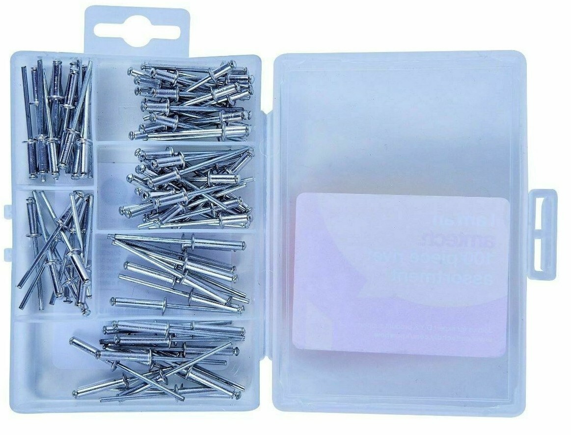 100pc Assorted Sized Rivets Hand Air Pop Blind Blind Head Steel Shank Aluminium