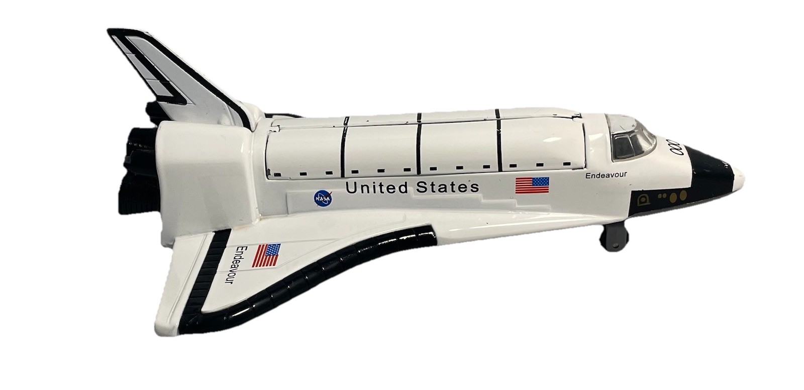 Pull Back Die-Cast Metal NASA Space Shuttle Endeavor Open Roof Satellites