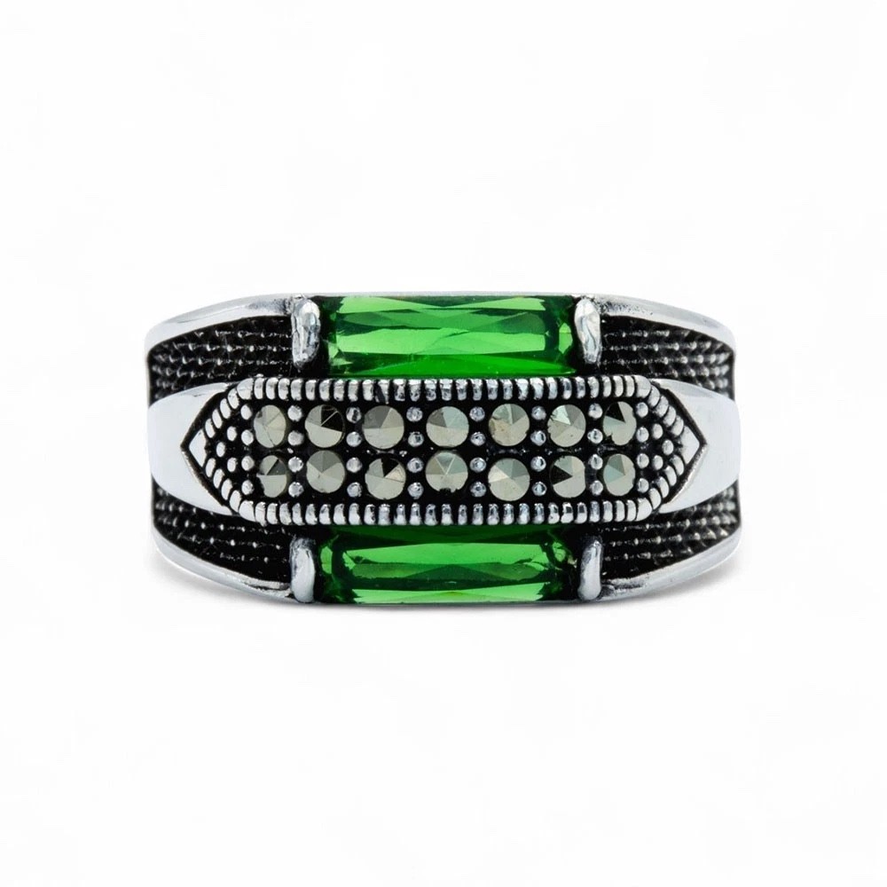 Men's 925 Sterling Silver Emerald Green Gemstone Ring
