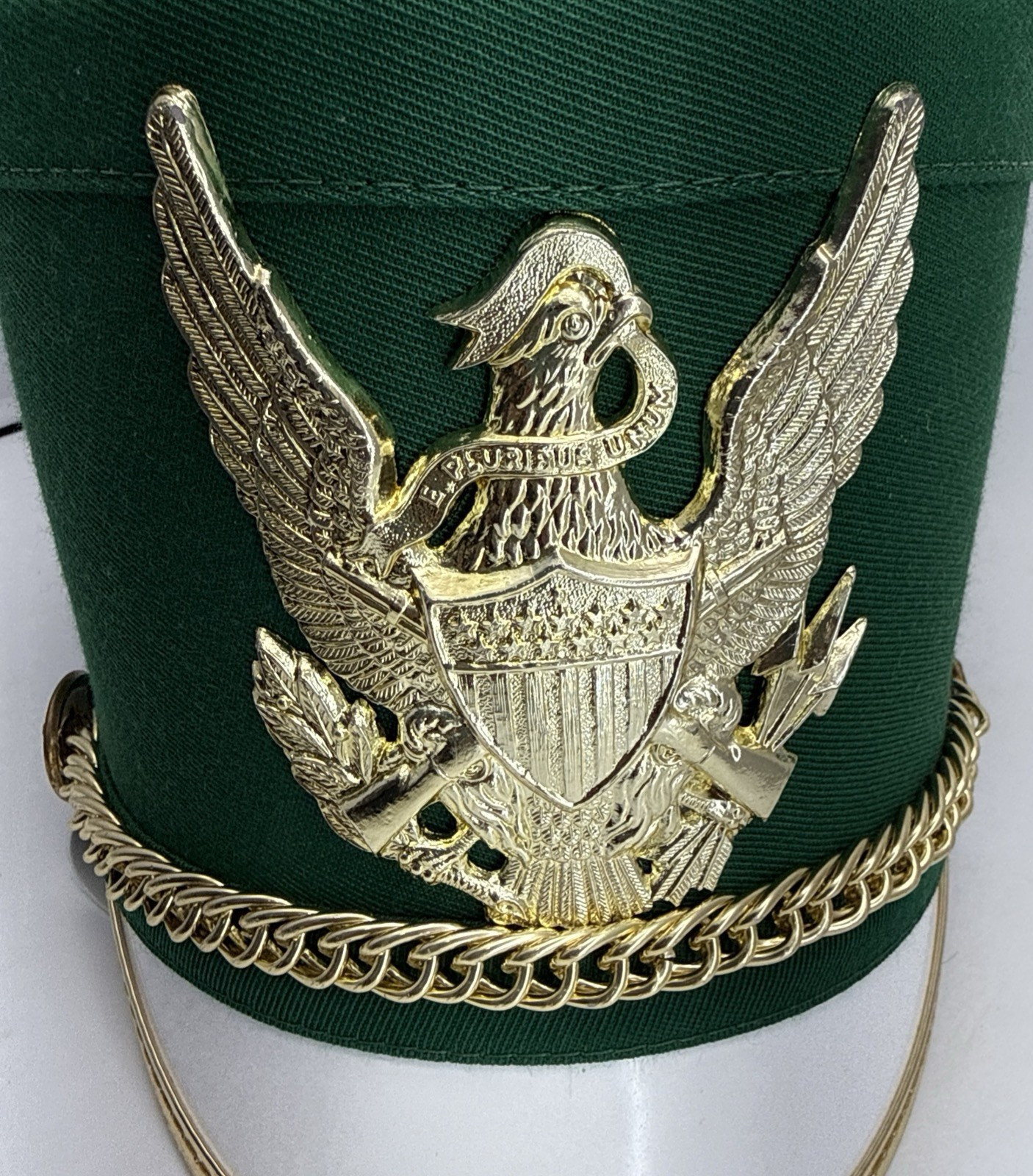 Vintage Shako Marching Band Uniform Hat Green Gold White Sz S-M-L- XL w/case
