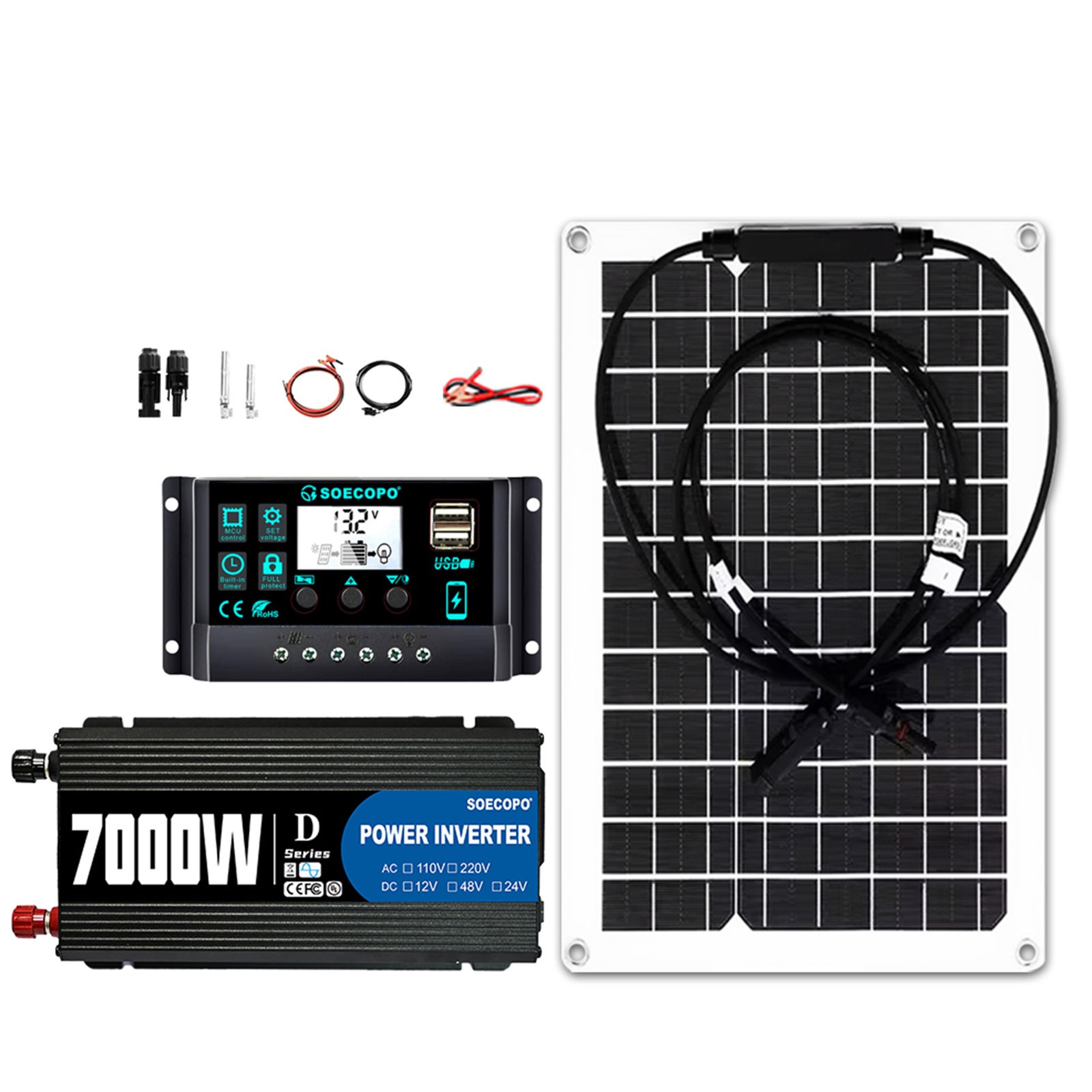 7000W Peak Solar System Kit Flexible Panel 100A Controller 12V To 110V 220V