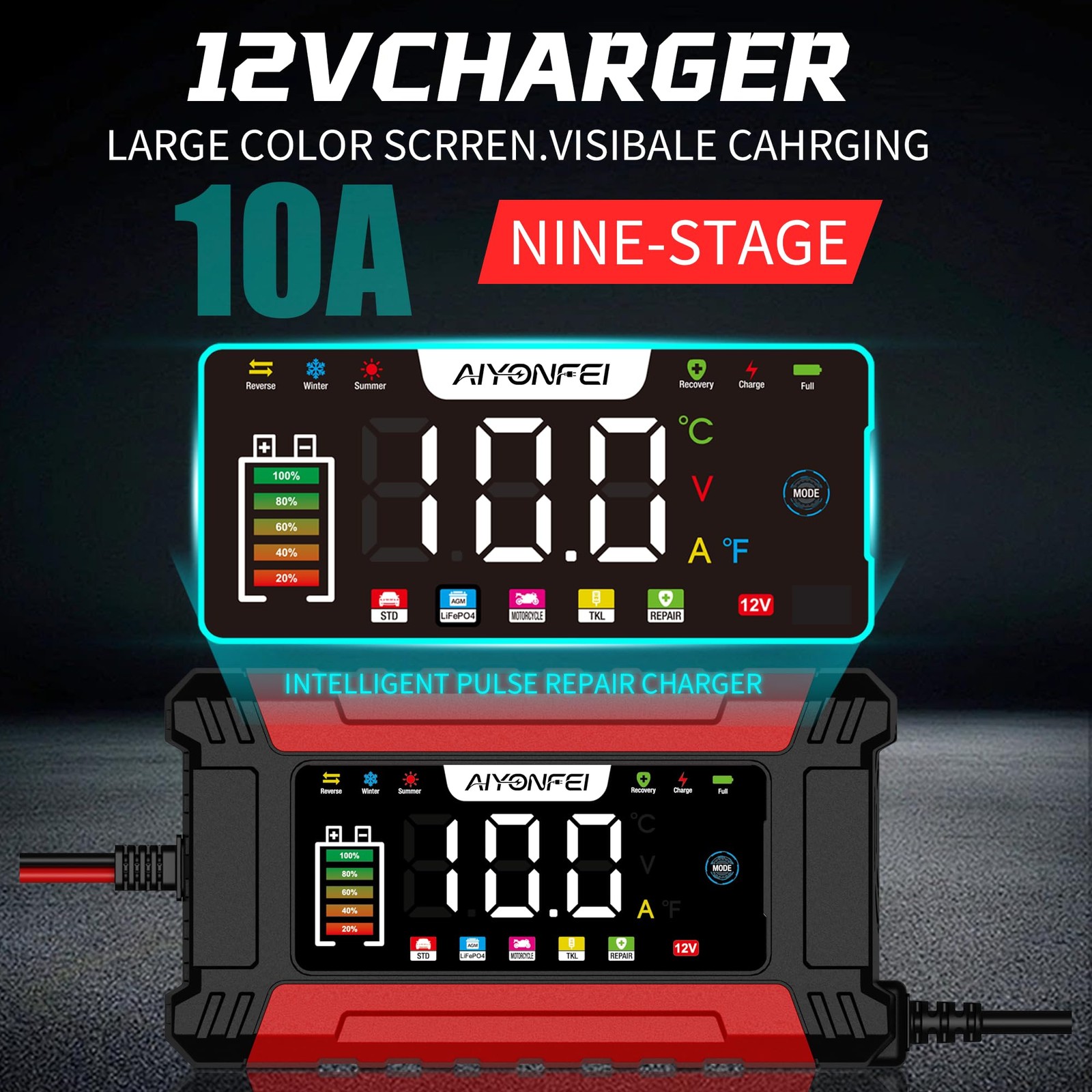 AIYONFEI 12V 10A Battery Charger, 9-Stage Smart Trickle Charger with LED Red