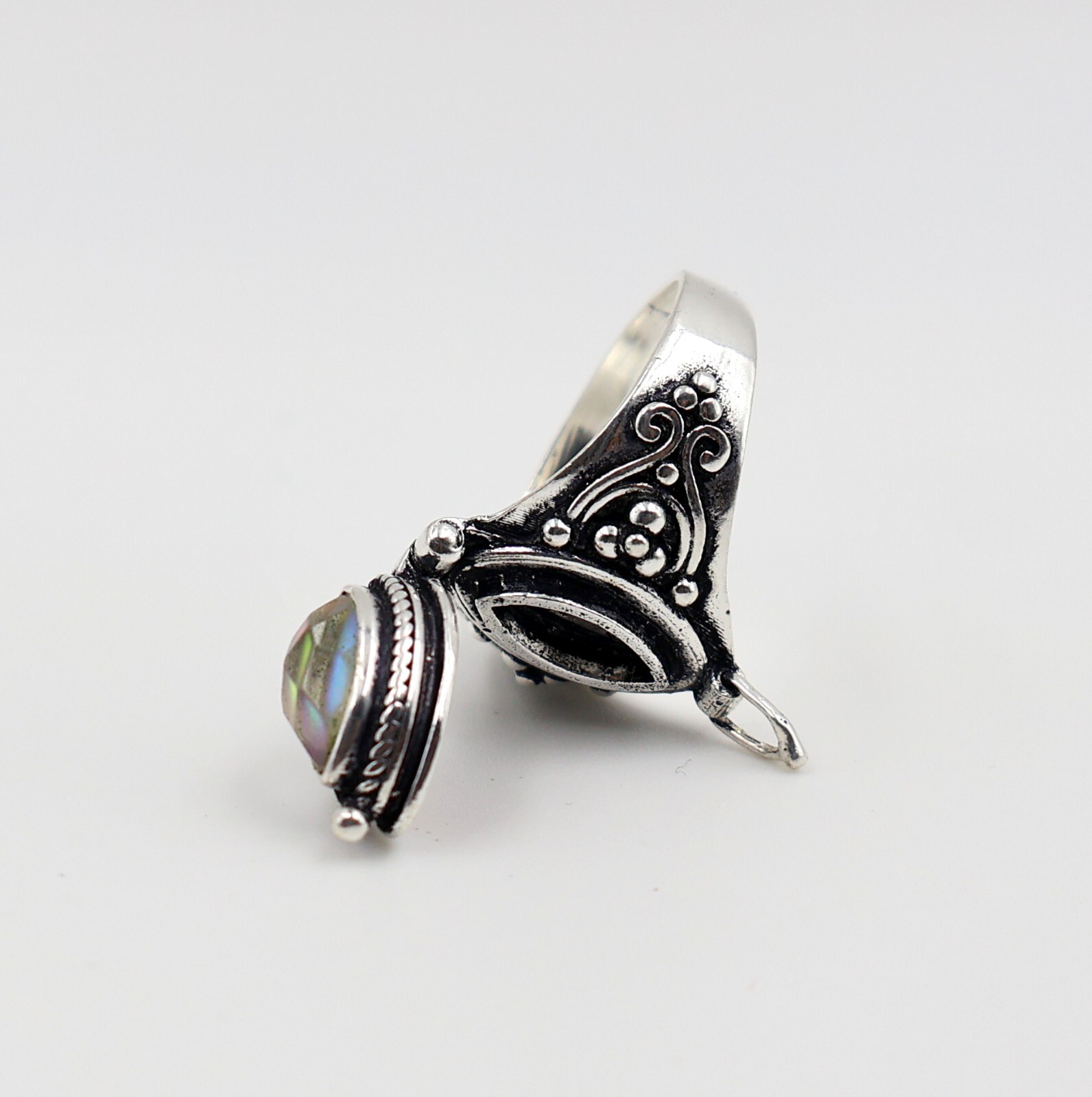 Aurora Opal Stone Poison Ring, 925 Silver Platted, Compartment Pill Box Ring