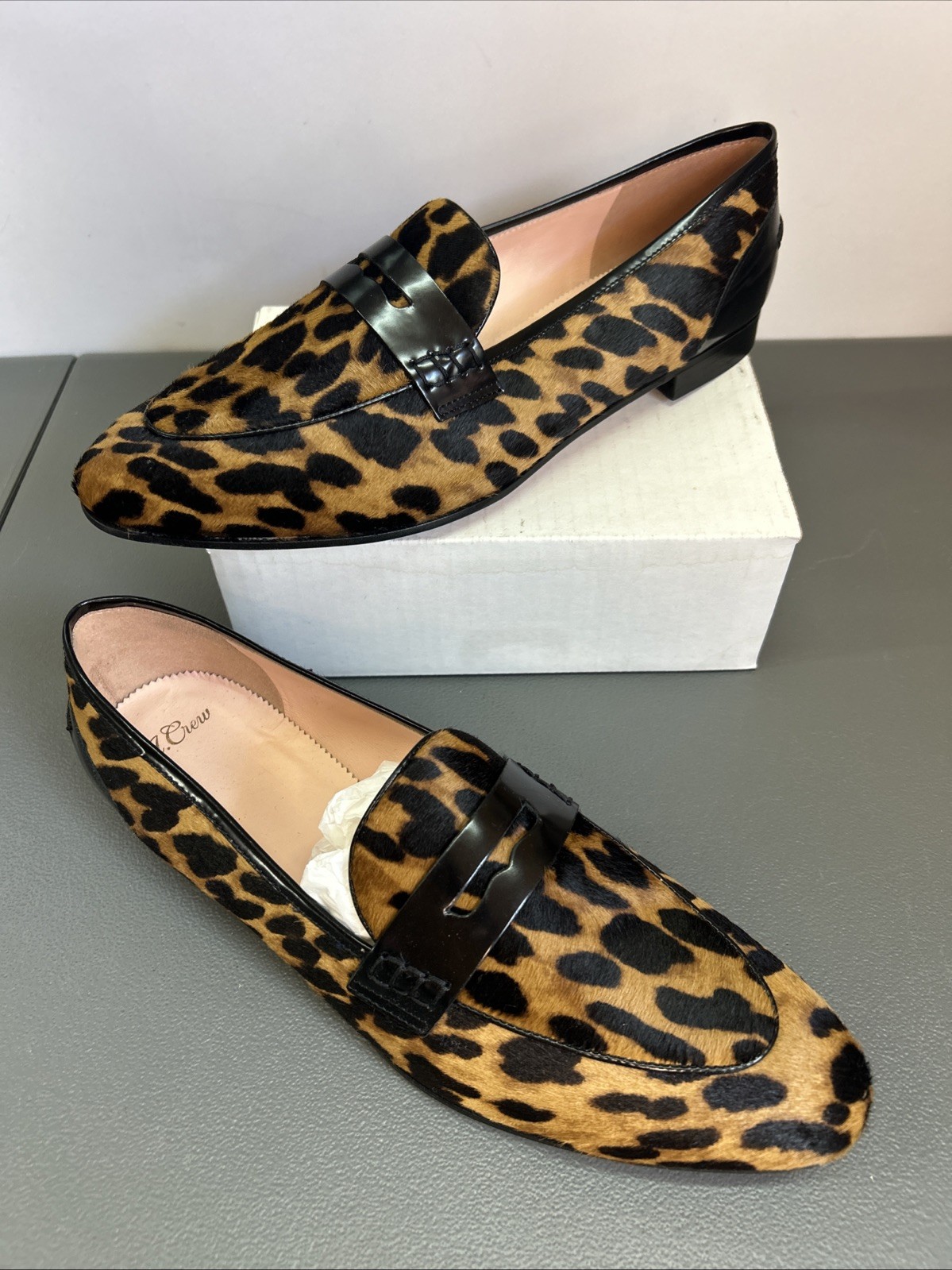J. Crew Collection Penny Loafers Leopard Dyed Calf Hair From Italy RN77388 Sz 12